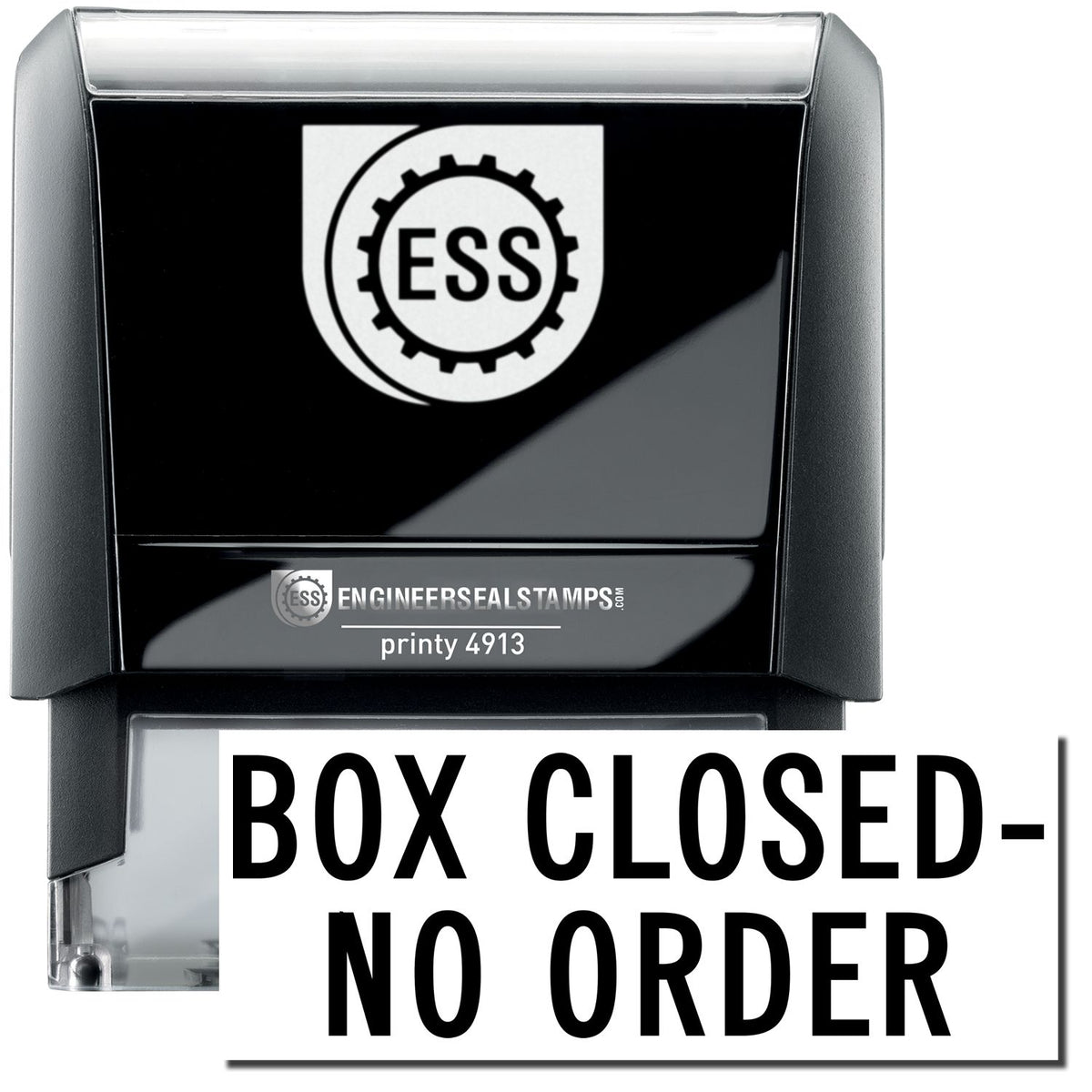 A self-inking stamp with a stamped image showing how the text &quot;BOX CLOSED - NO ORDER&quot; in a large font is displayed by it after stamping.