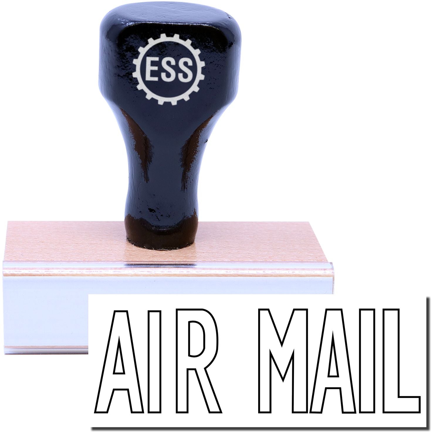 A stock office rubber stamp with a stamped image showing how the text "AIR MAIL" in a large outline font is displayed after stamping.