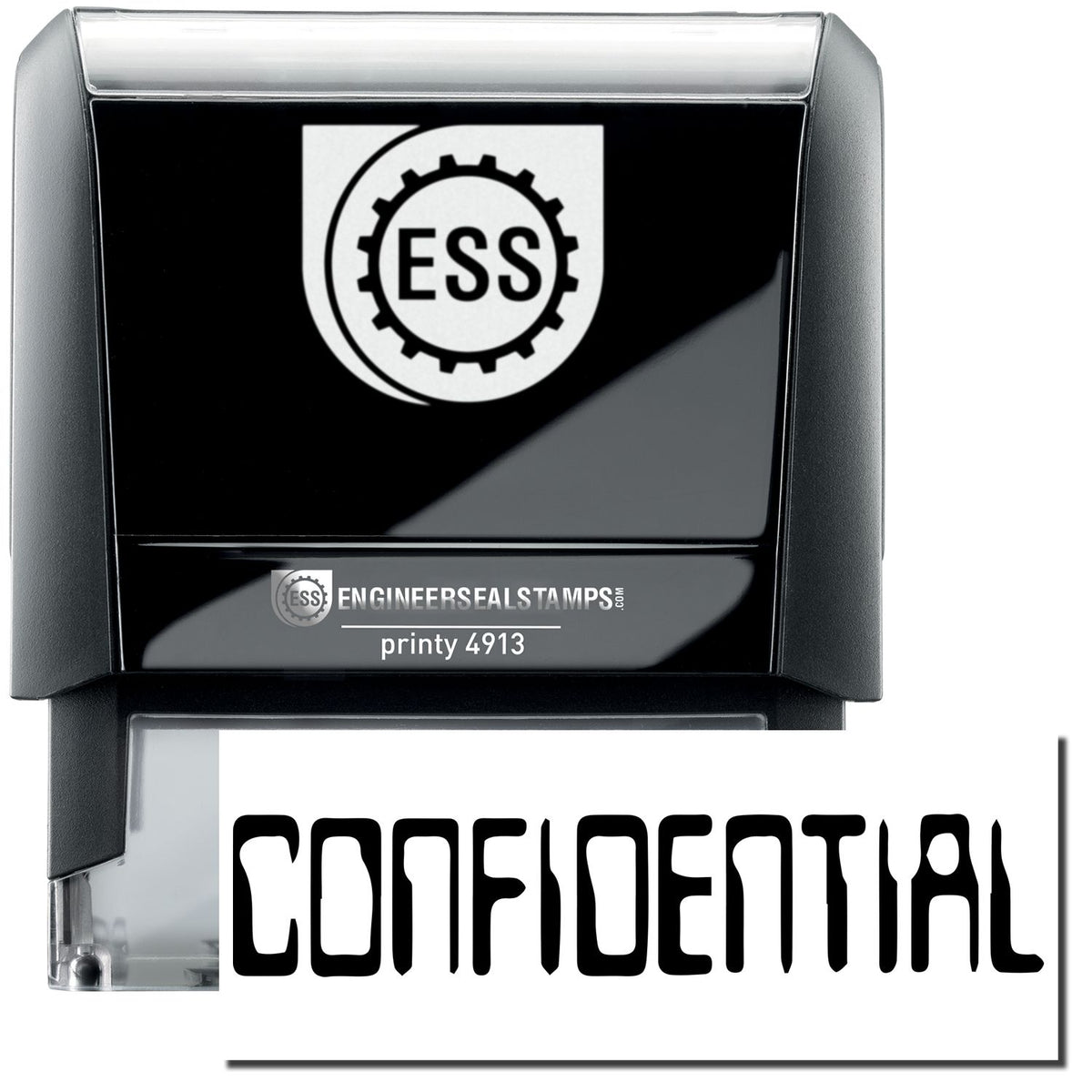 A self-inking stamp with a stamped image showing how the text &quot;CONFIDENTIAL&quot; in a large barcode font is displayed by it after stamping.