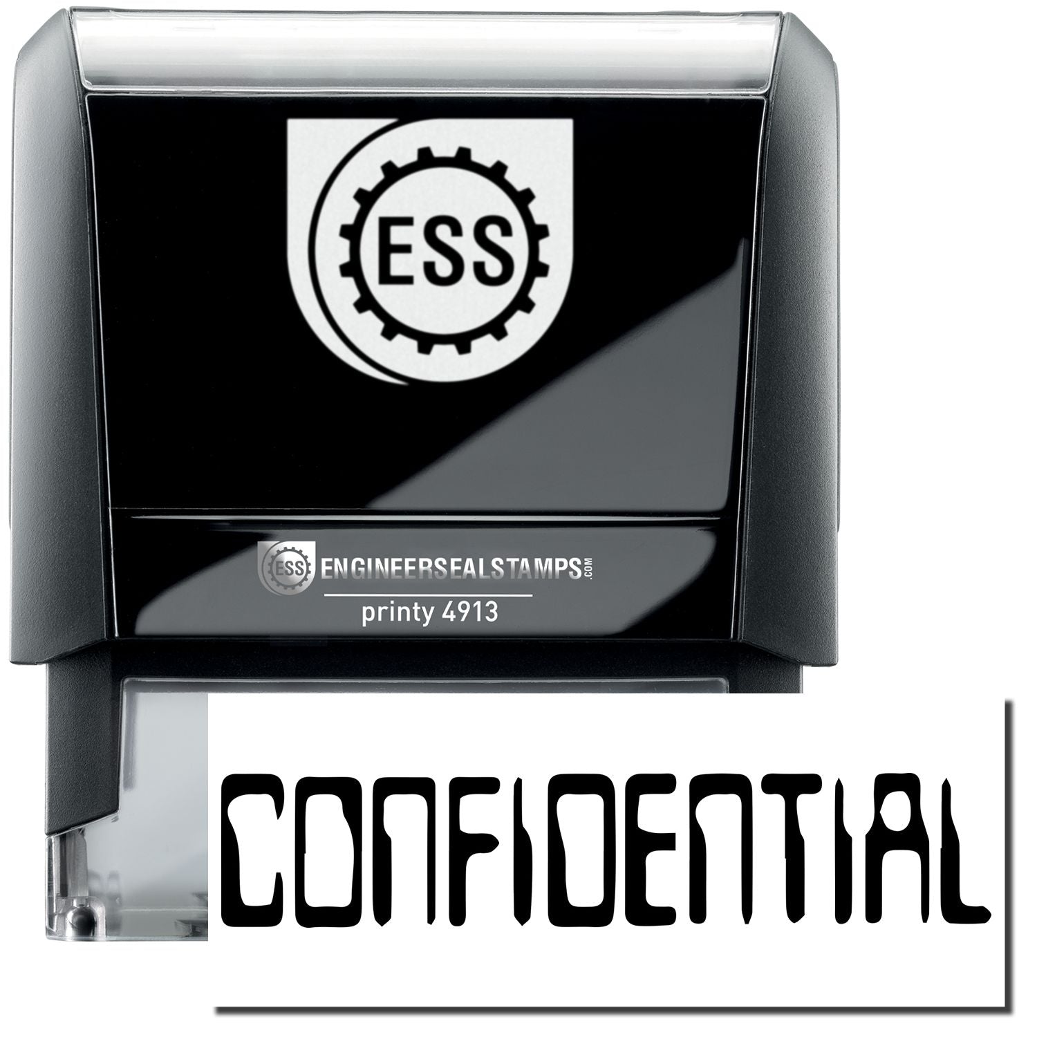 A self-inking stamp with a stamped image showing how the text "CONFIDENTIAL" in a large barcode font is displayed by it after stamping.