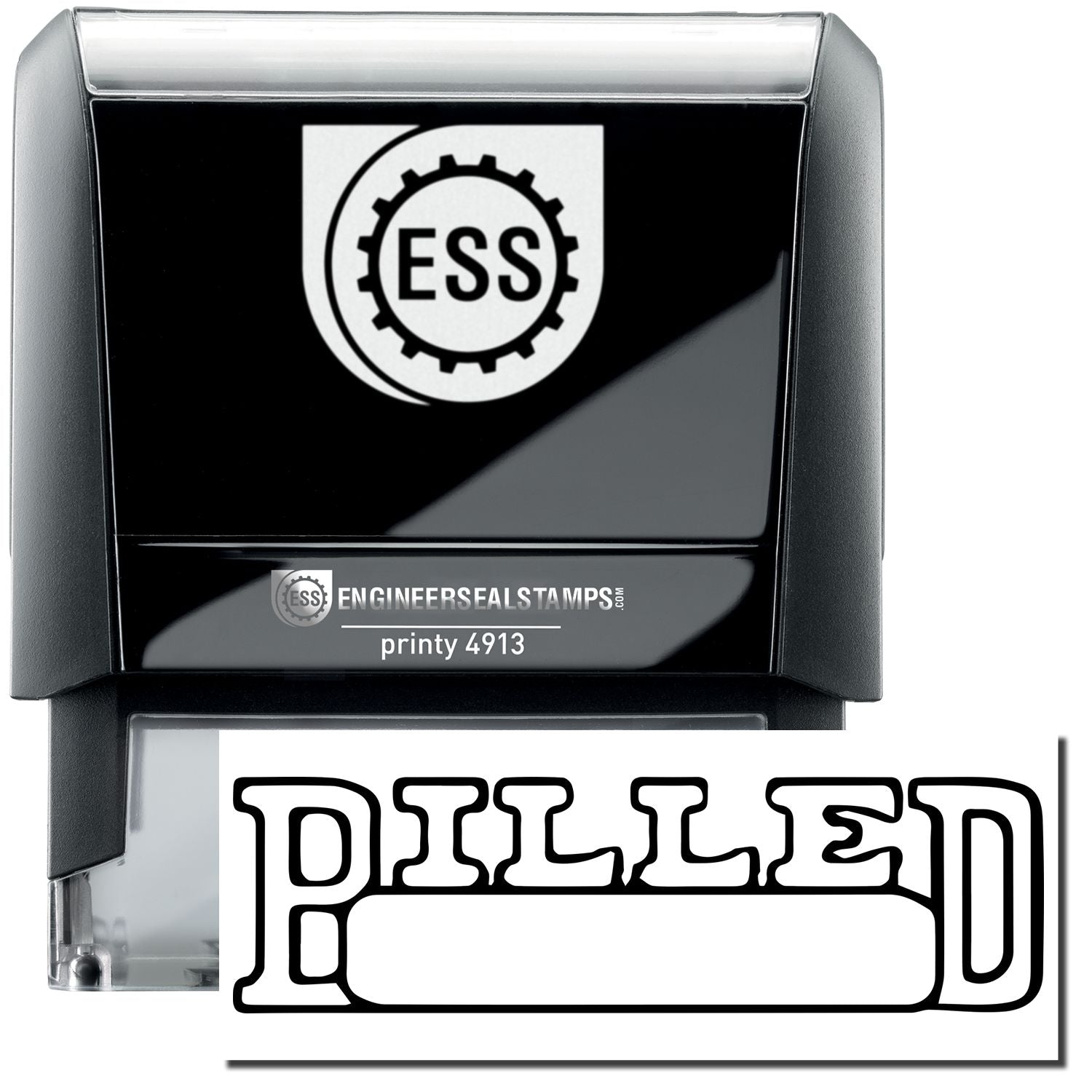 A self-inking stamp with a stamped image showing how the text BILLED in a large outline font with a date box is displayed by it after stamping.