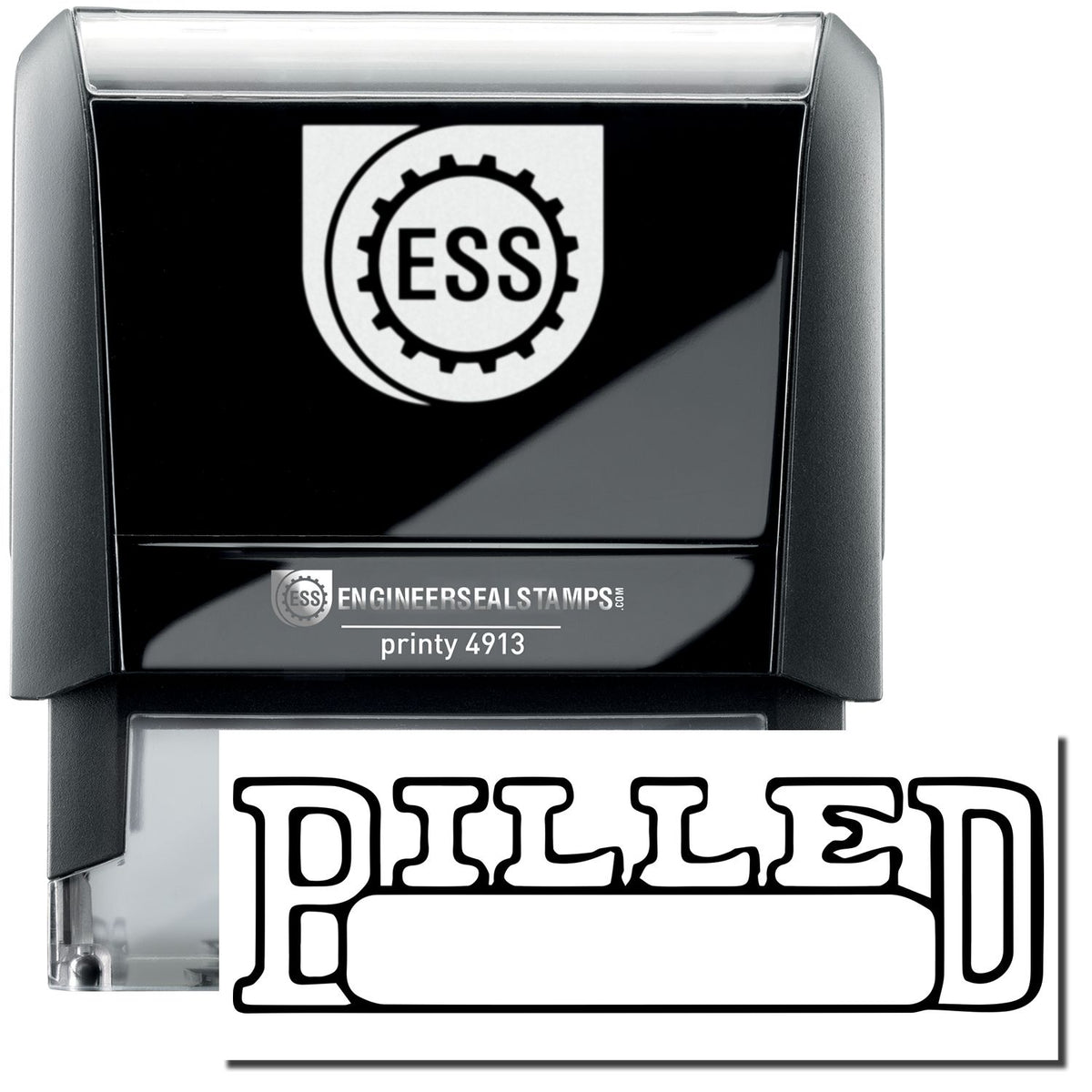 A self-inking stamp with a stamped image showing how the text &quot;BILLED&quot; in a large outline font with a date box is displayed by it after stamping.