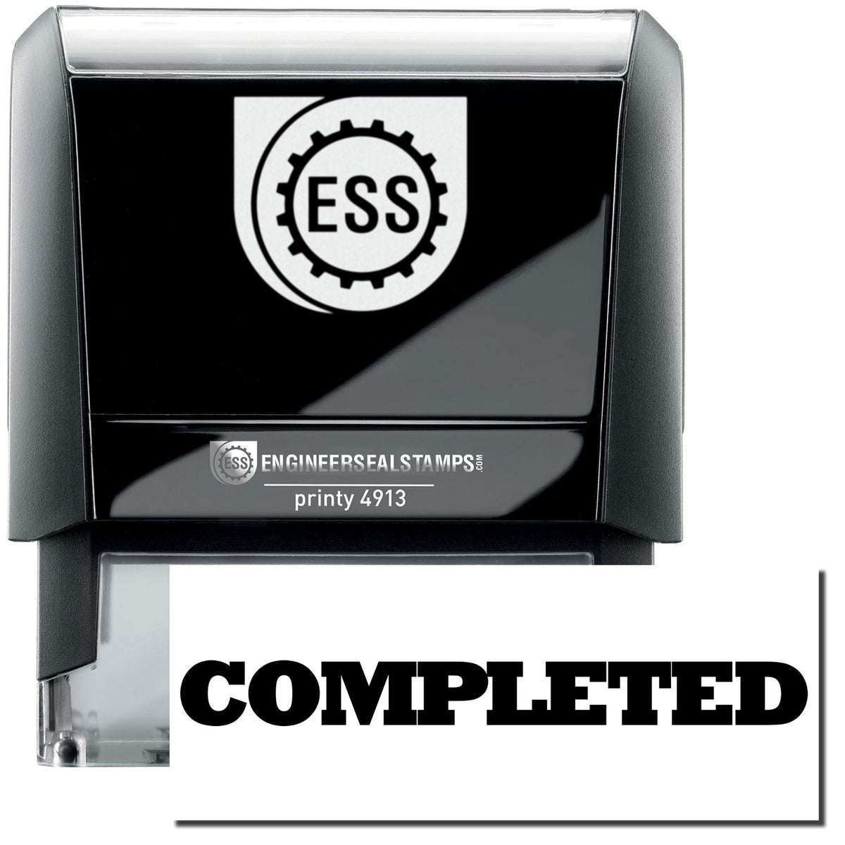 A self-inking stamp with a stamped image showing how the text &quot;COMPLETED&quot; in a large bold font is displayed by it after stamping.