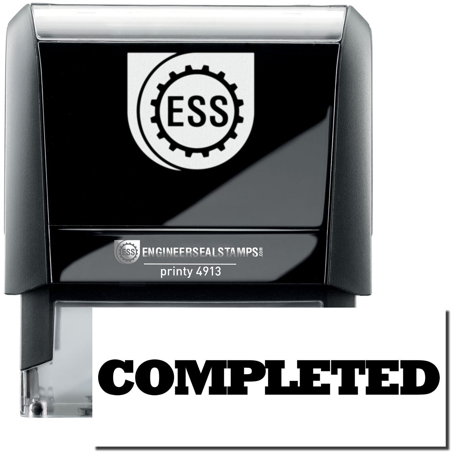 A self-inking stamp with a stamped image showing how the text "COMPLETED" in a large bold font is displayed by it after stamping.