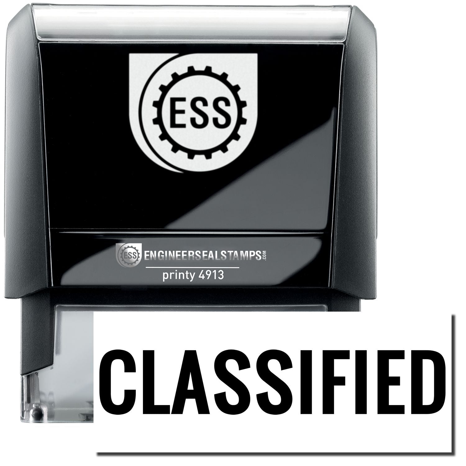 A self-inking stamp with a stamped image showing how the text CLASSIFIED in a large font is displayed by it after stamping.