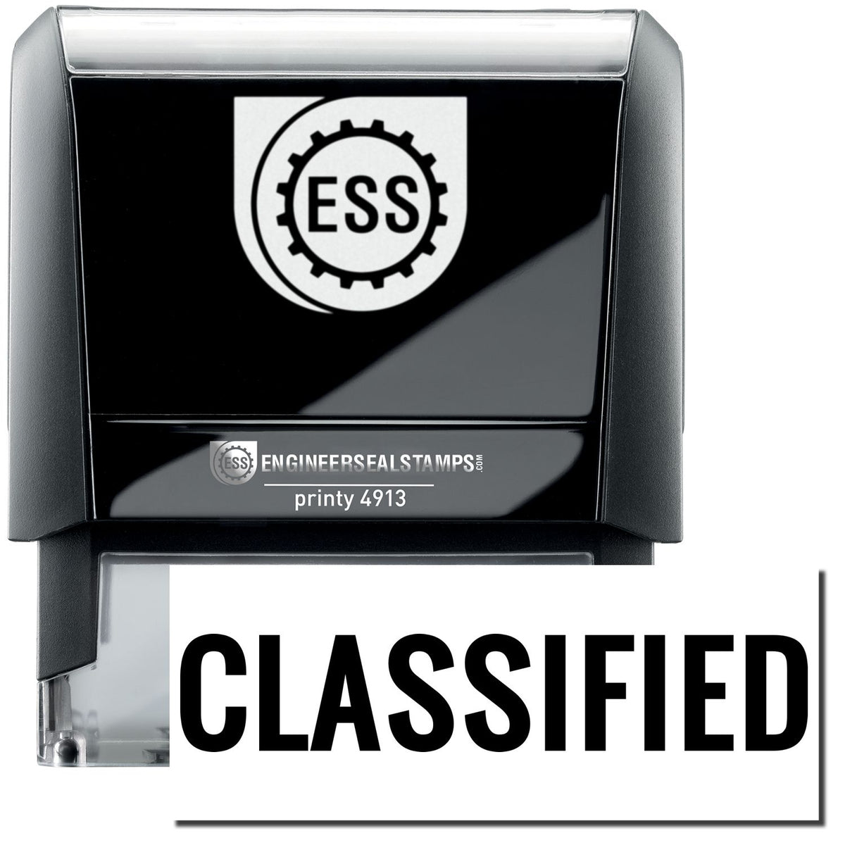 A self-inking stamp with a stamped image showing how the text &quot;CLASSIFIED&quot; in a large font is displayed by it after stamping.
