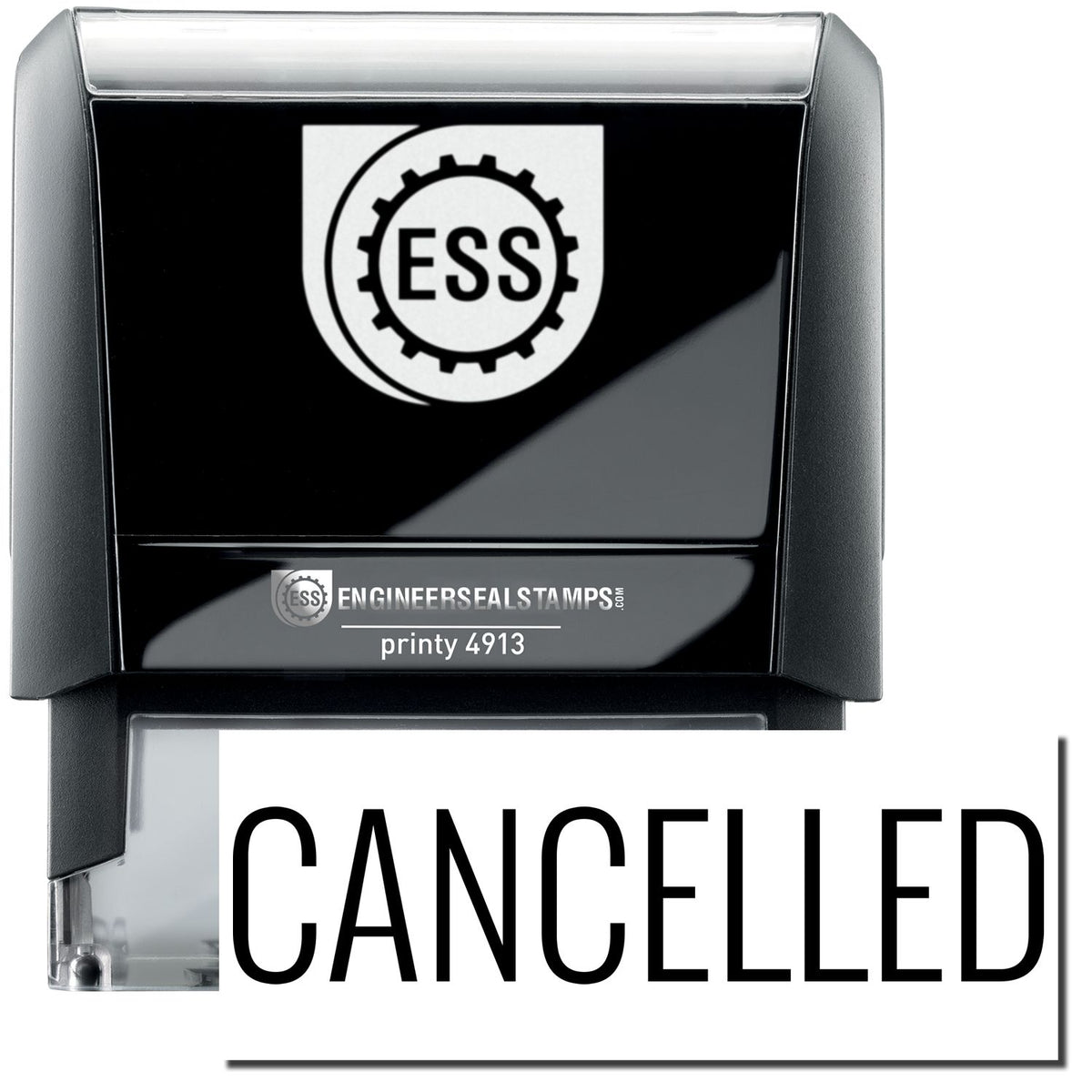 A self-inking stamp with a stamped image showing how the text &quot;CANCELLED&quot; in a large narrow font is displayed by it after stamping.