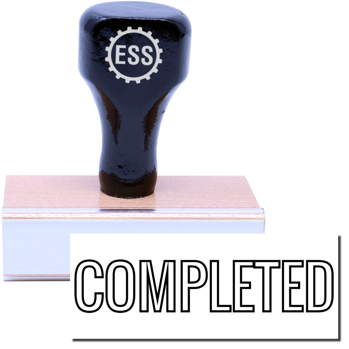 A stock office rubber stamp with a stamped image showing how the text &quot;COMPLETED&quot; in a large outline font is displayed after stamping.