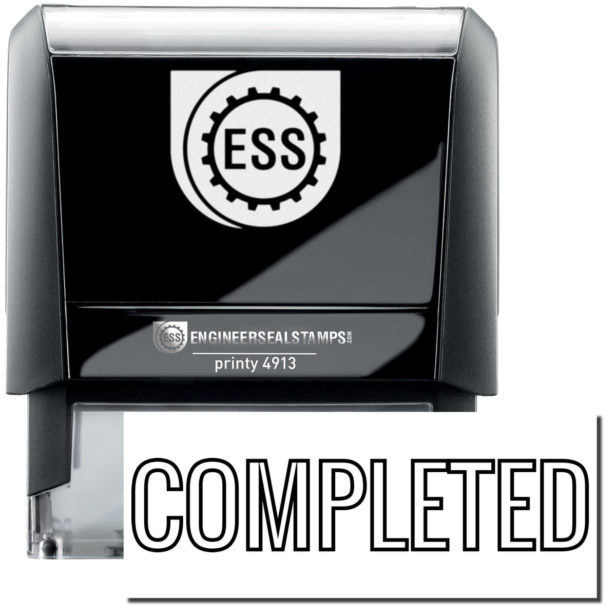 A self-inking stamp with a stamped image showing how the text &quot;COMPLETED&quot; in a large outline font is displayed by it after stamping.