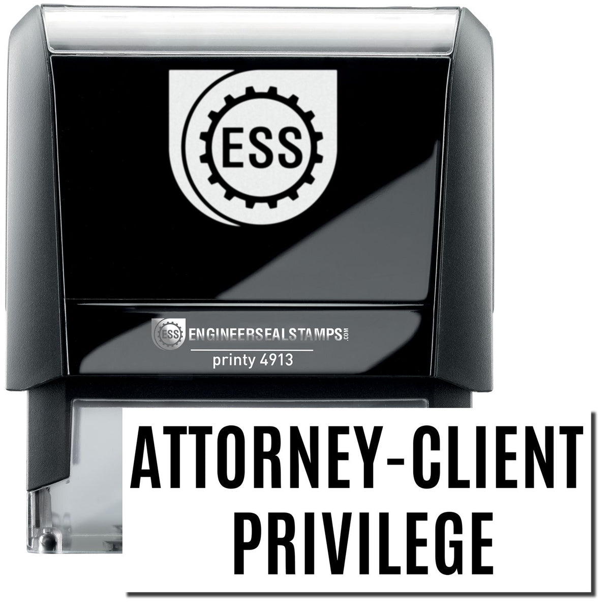A self-inking stamp with a stamped image showing how the text &quot;ATTORNEY-CLIENT PRIVILEGE&quot; in a large font is displayed by it after stamping.