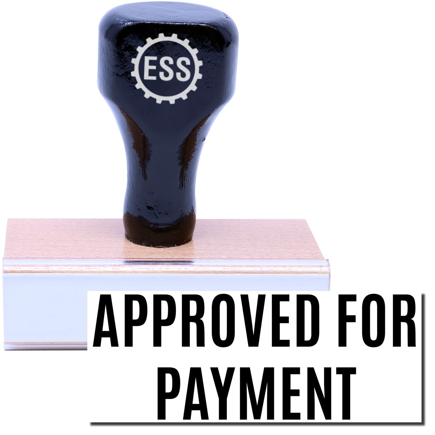 A stock office rubber stamp with a stamped image showing how the text "APPROVED FOR PAYMENT" in a large narrow font is displayed after stamping.