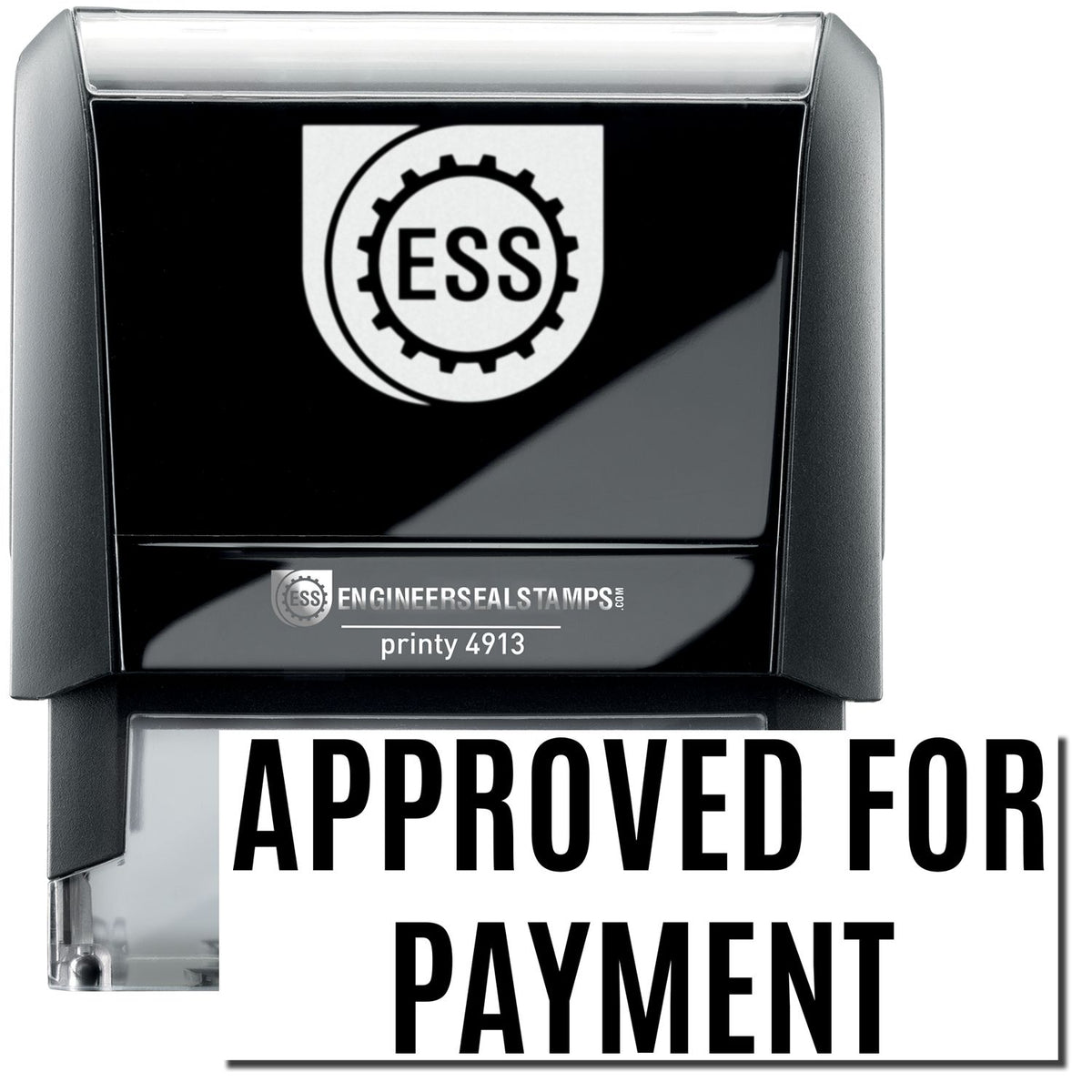 A self-inking stamp with a stamped image showing how the text &quot;APPROVED FOR PAYMENT&quot; in a large narrow font is displayed by it after stamping.