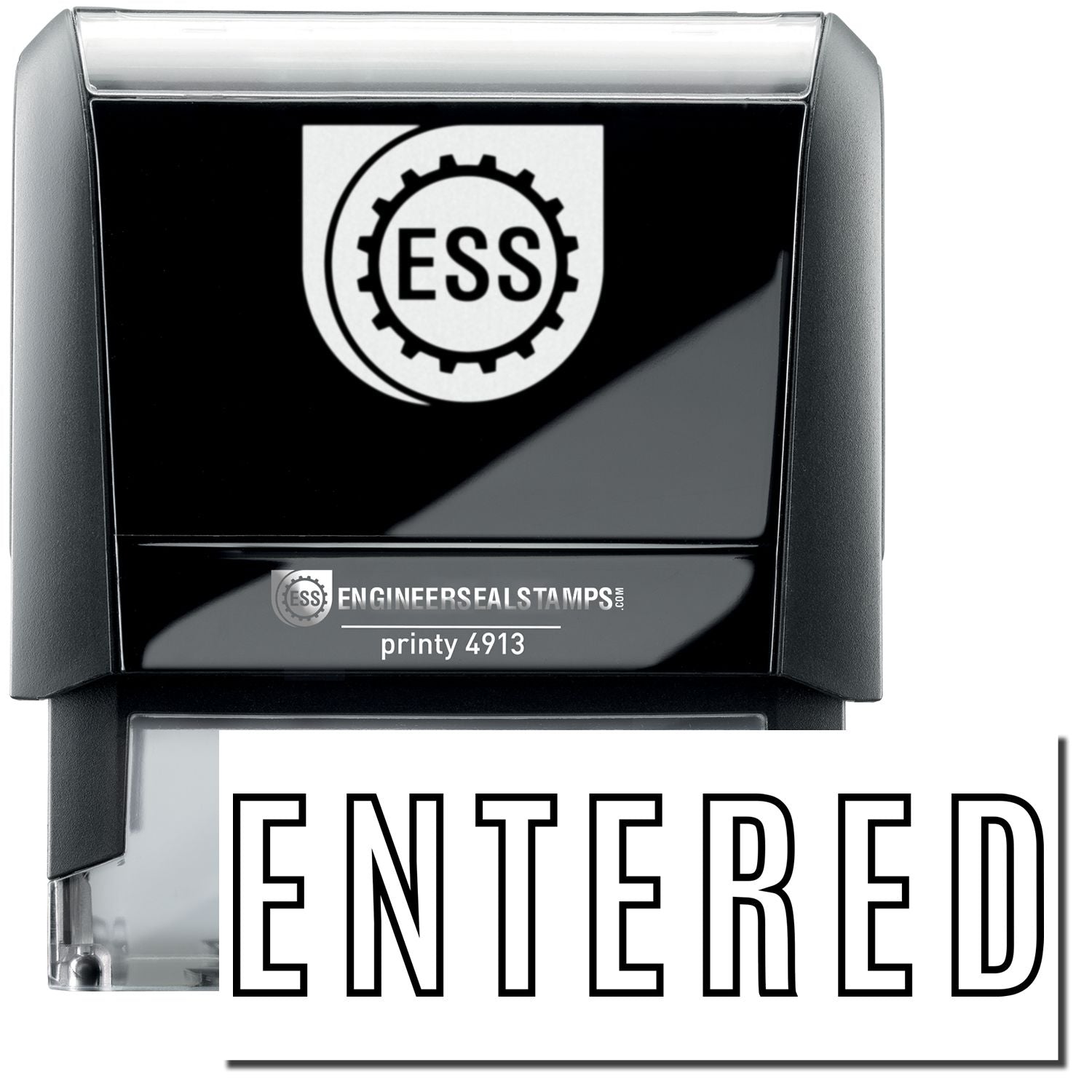 A self-inking stamp with a stamped image showing how the text "ENTERED" in a large outline font is displayed by it after stamping.
