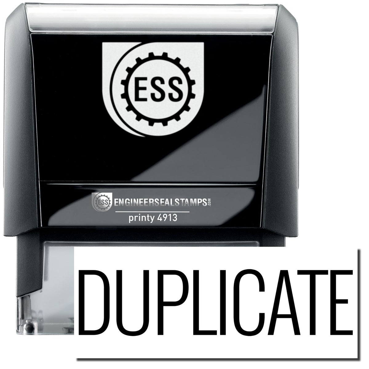 A self-inking stamp with a stamped image showing how the text &quot;DUPLICATE&quot; in a large narrow font is displayed by it after stamping.