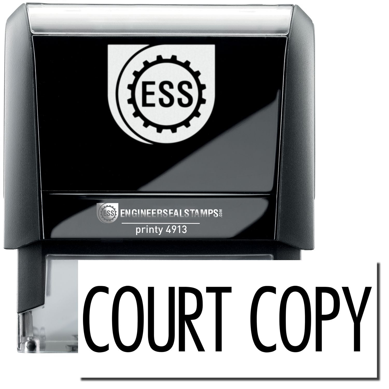 A self-inking stamp with a stamped image showing how the text COURT COPY in a large narrow font is displayed by it after stamping.