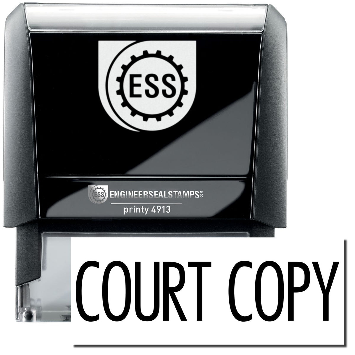 A self-inking stamp with a stamped image showing how the text &quot;COURT COPY&quot; in a large narrow font is displayed by it after stamping.