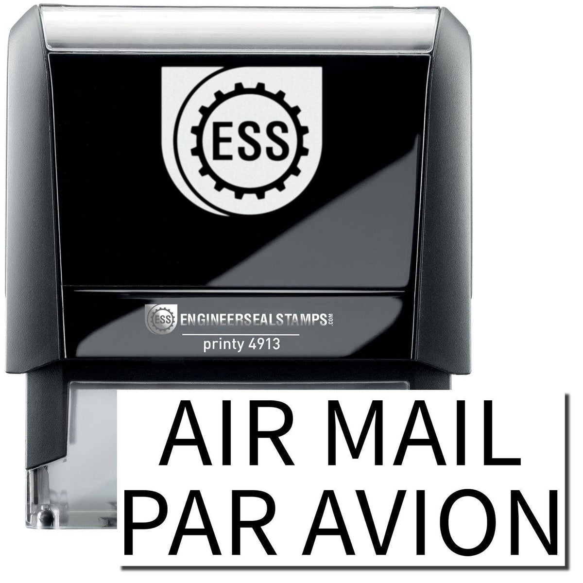 A self-inking stamp with a stamped image showing how the text &quot;AIR MAIL PAR AVION&quot; in a large font is displayed by it after stamping.