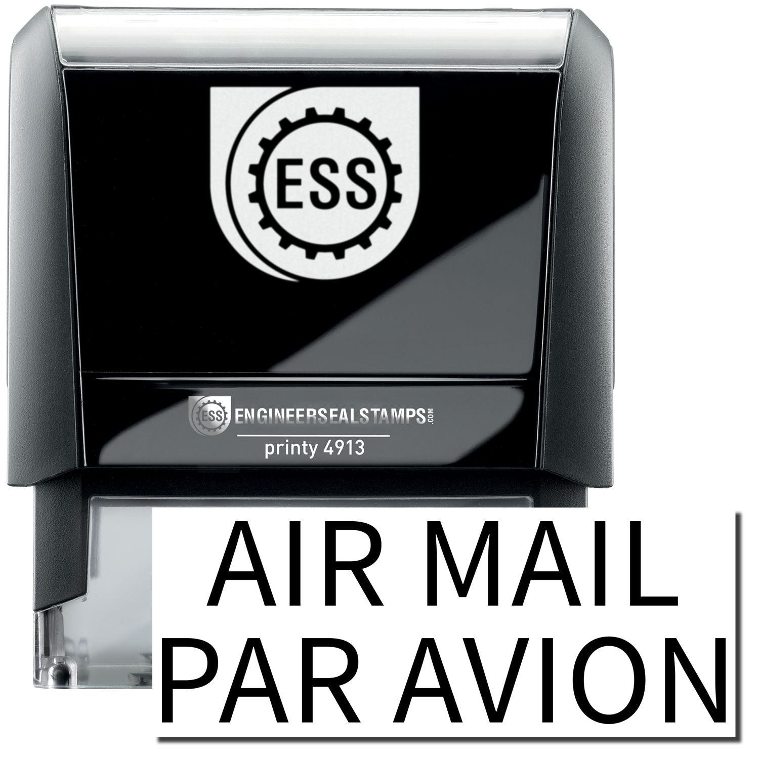 A self-inking stamp with a stamped image showing how the text "AIR MAIL PAR AVION" in a large font is displayed by it after stamping.