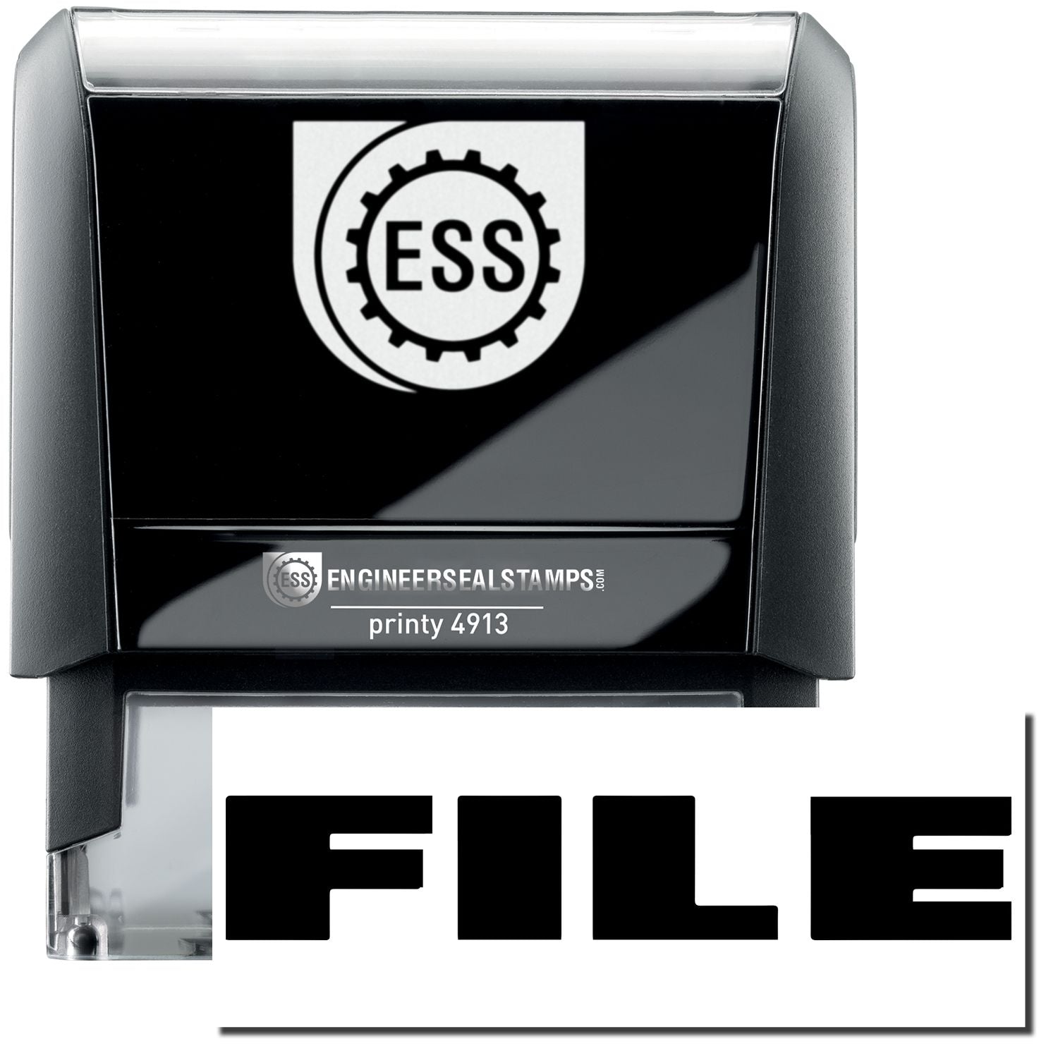 A self-inking stamp with a stamped image showing how the text FILE in a large bold font is displayed by it after stamping.