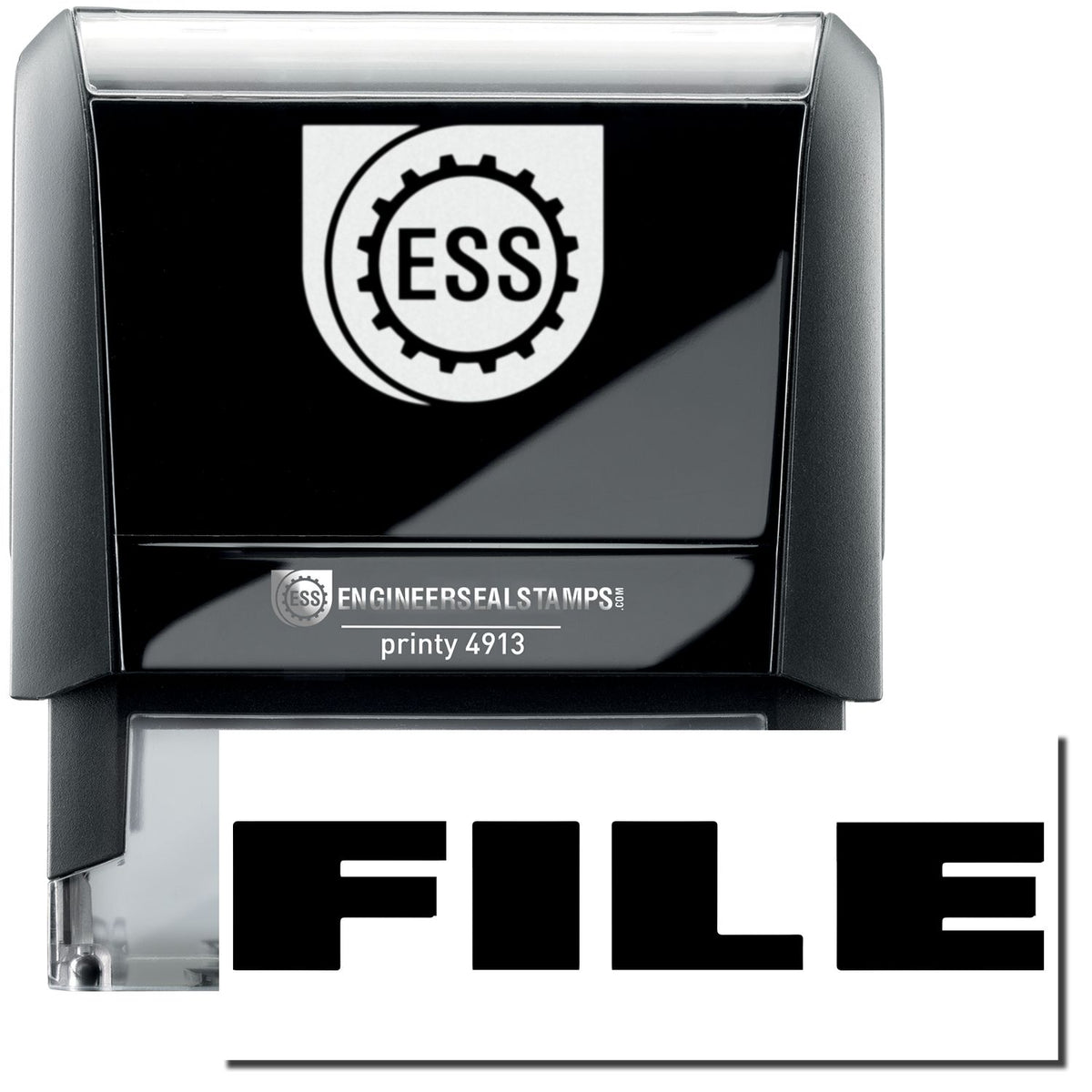 A self-inking stamp with a stamped image showing how the text &quot;FILE&quot; in a large bold font is displayed by it after stamping.