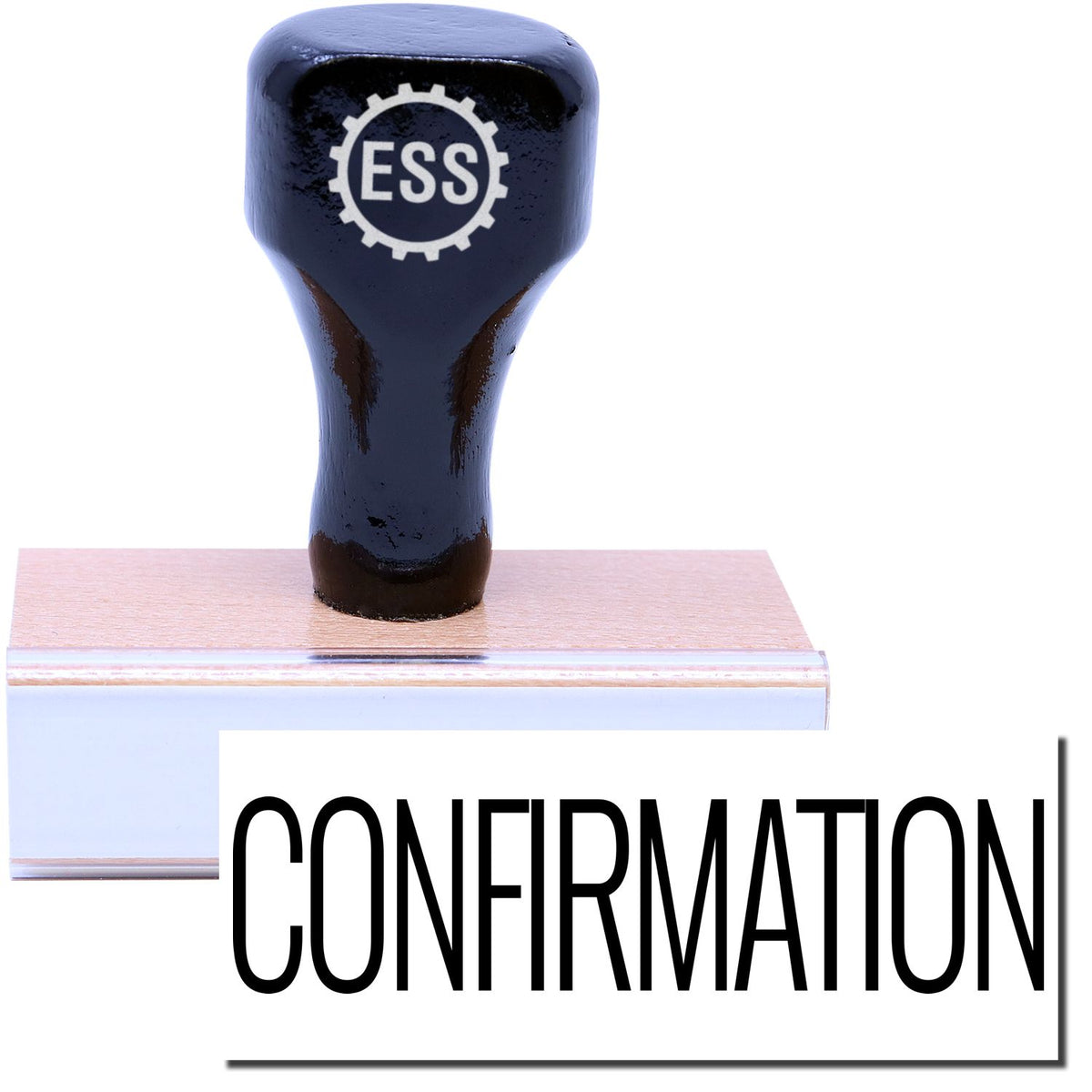 A stock office rubber stamp with a stamped image showing how the text &quot;CONFIRMATION&quot; in a large font is displayed after stamping.