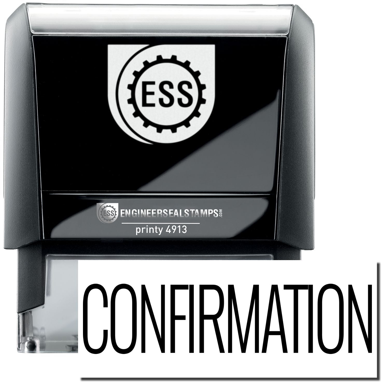 A self-inking stamp with a stamped image showing how the text "CONFIRMATION" in a large font is displayed by it after stamping.