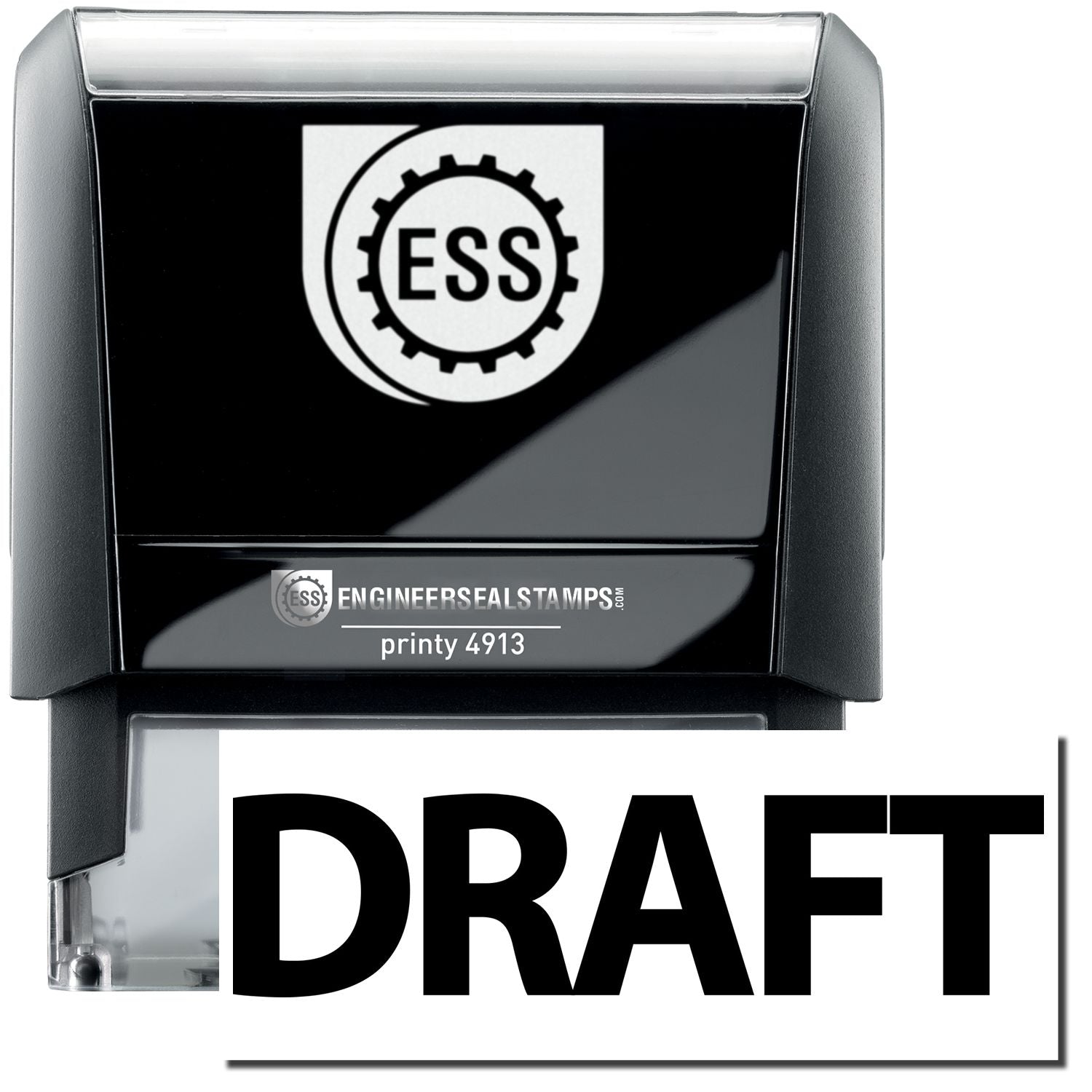 A self-inking stamp with a stamped image showing how the text DRAFT in a large bold font is displayed by it after stamping.