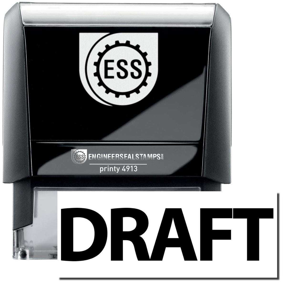 A self-inking stamp with a stamped image showing how the text &quot;DRAFT&quot; in a large bold font is displayed by it after stamping.
