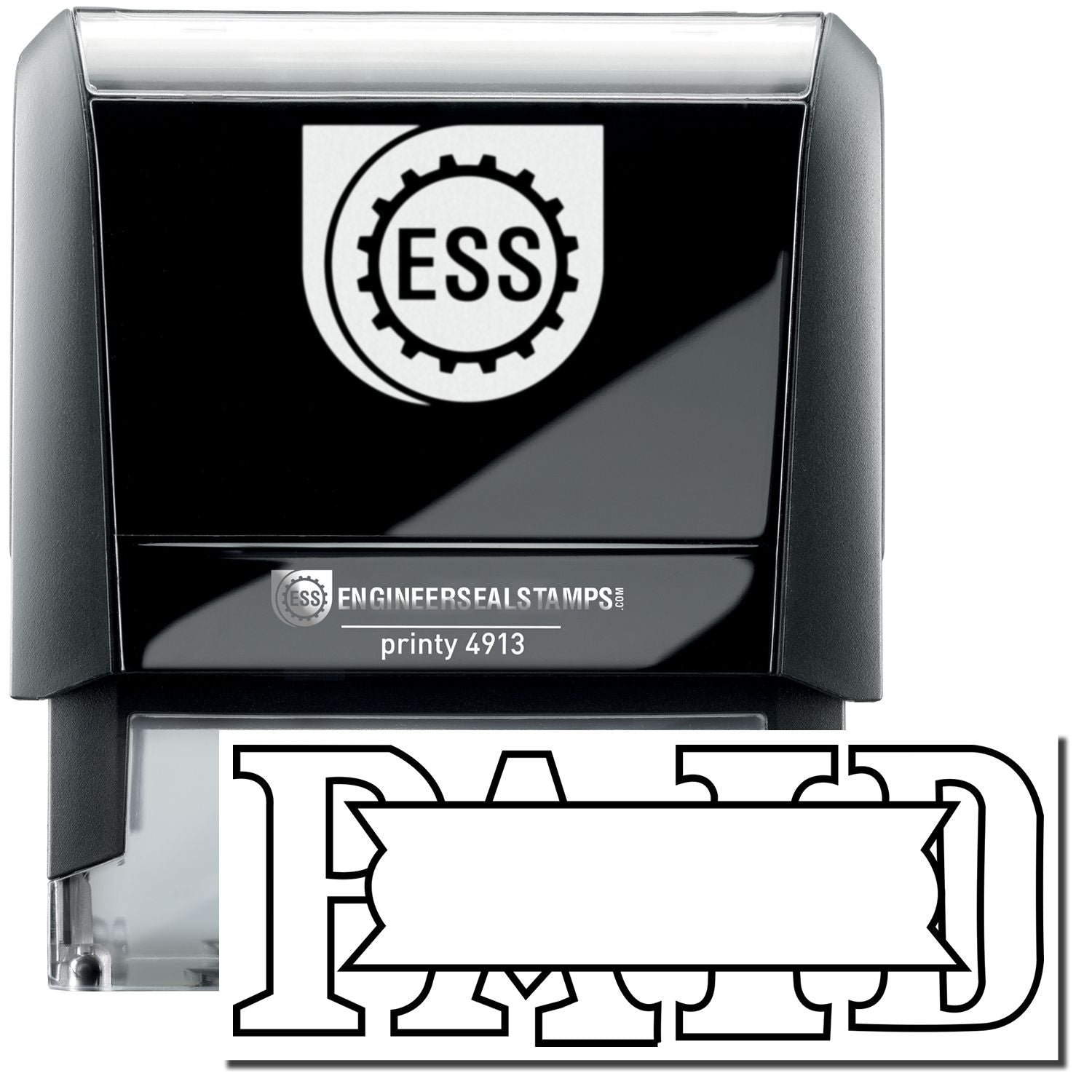 A self-inking stamp with a stamped image showing how the text PAID in a large outline style with a box placed over it is displayed after stamping.