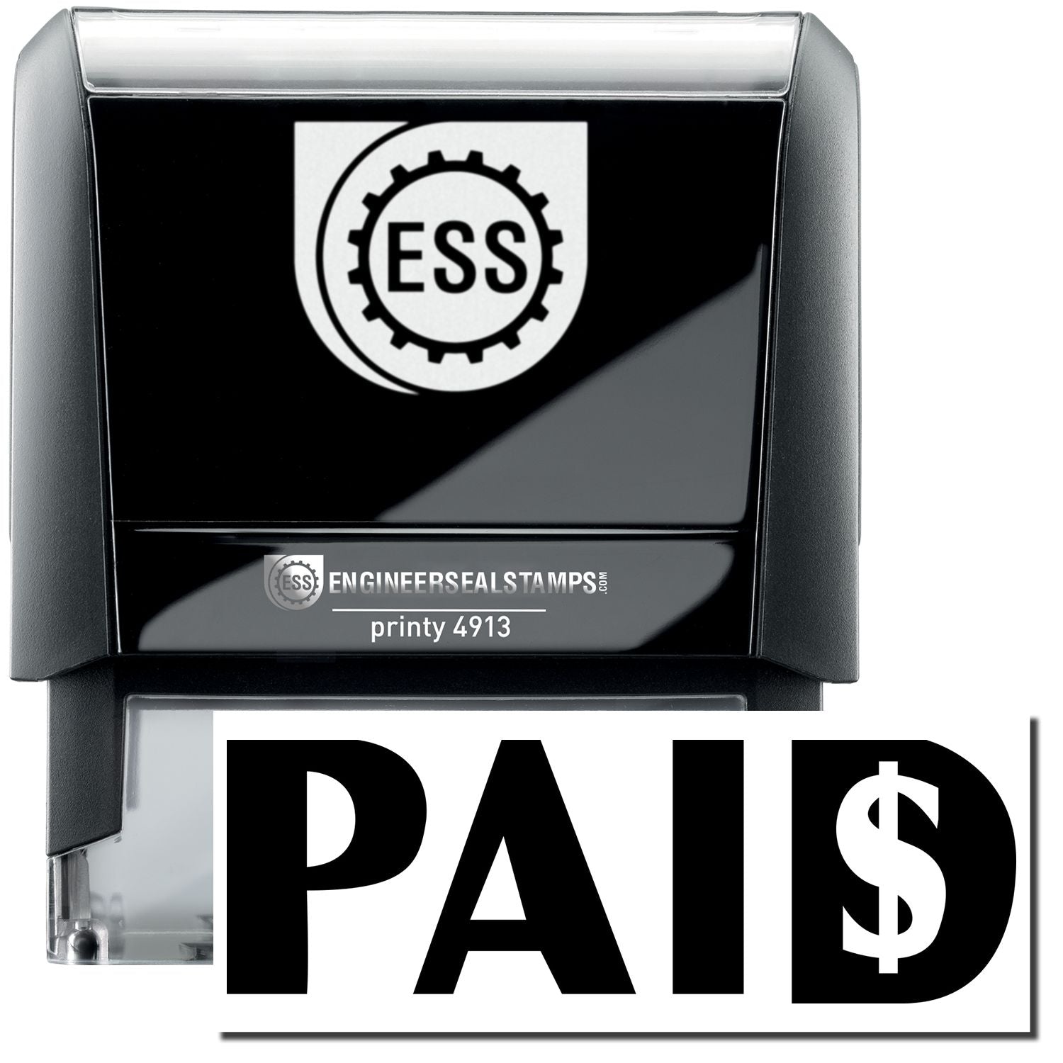 A self-inking stamp with a stamped image showing how the text PAID in a large bold font with a dollar sign ($) inside the letter D is displayed by it after stamping.