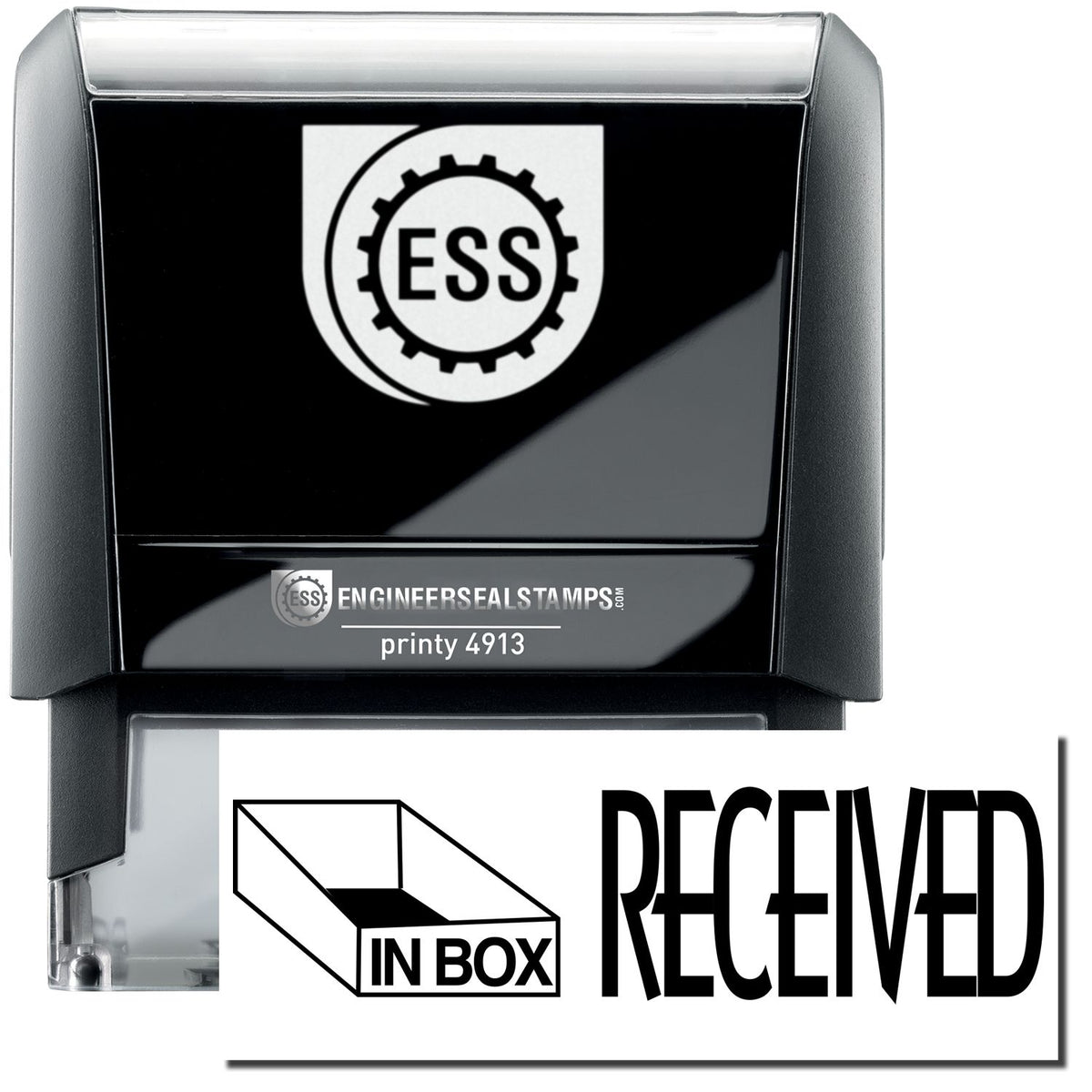 A self-inking stamp with a stamped image showing how the text &quot;RECEIVED&quot; in a large font with an In Box Icon is displayed by it after stamping.