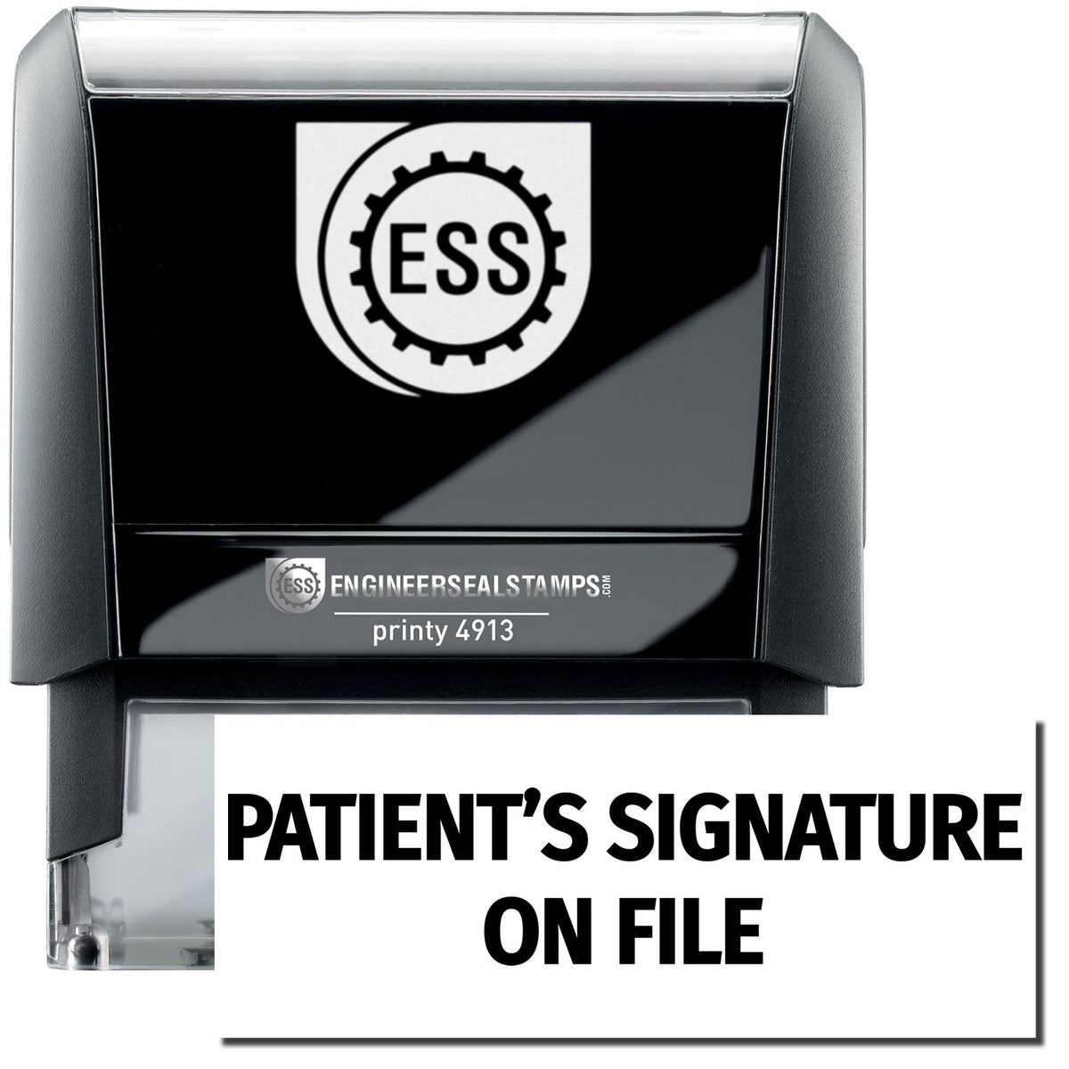 A self-inking stamp with a stamped image showing how the text &quot;PATIENT&#39;S SIGNATURE ON FILE&quot; in a large font is displayed by it after stamping.
