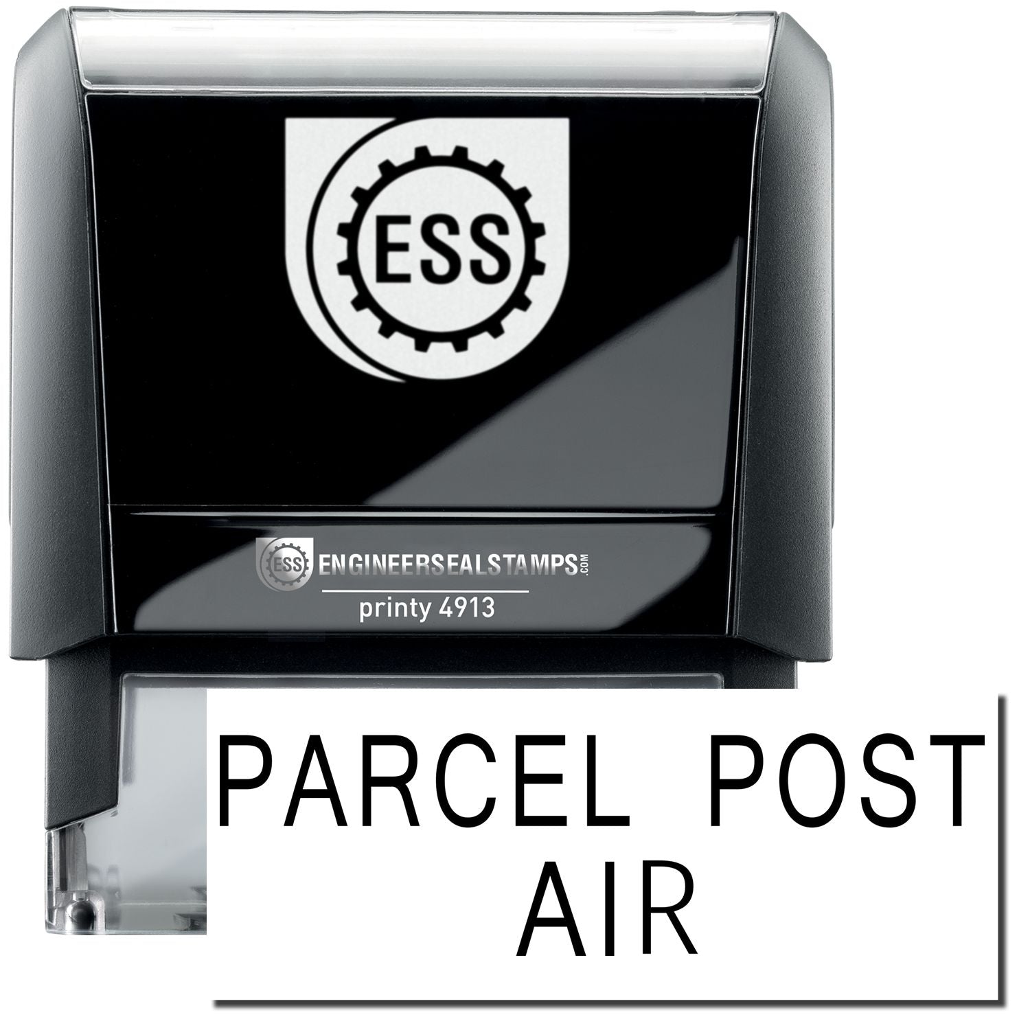 A self-inking stamp with a stamped image showing how the text PARCEL POST AIR in a large font is displayed by it after stamping.