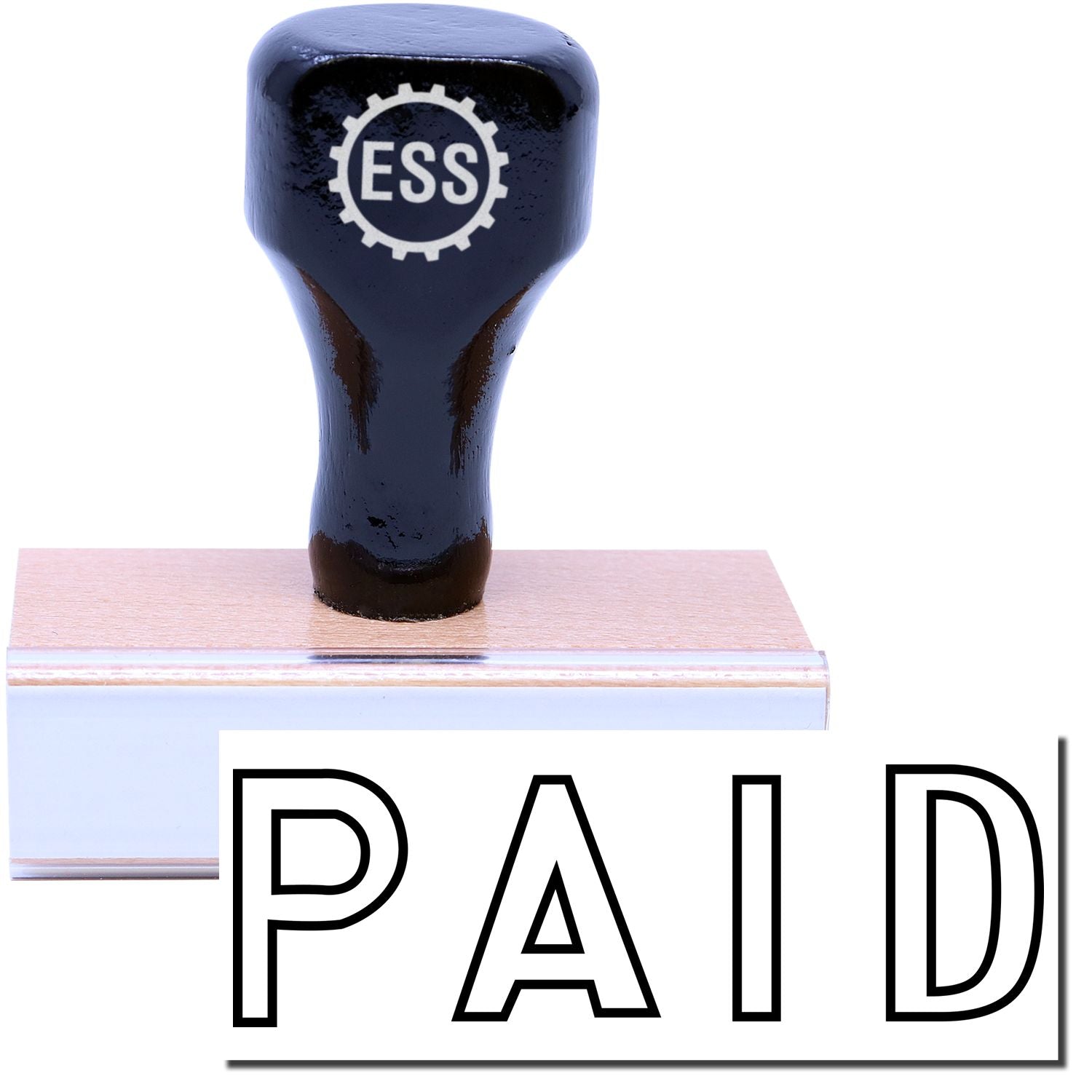 A stock office rubber stamp with a stamped image showing how the text "PAID" in a large outline font is displayed after stamping.