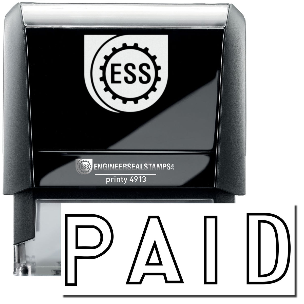 A self-inking stamp with a stamped image showing how the text &quot;PAID&quot; in a large outline font is displayed by it after stamping.