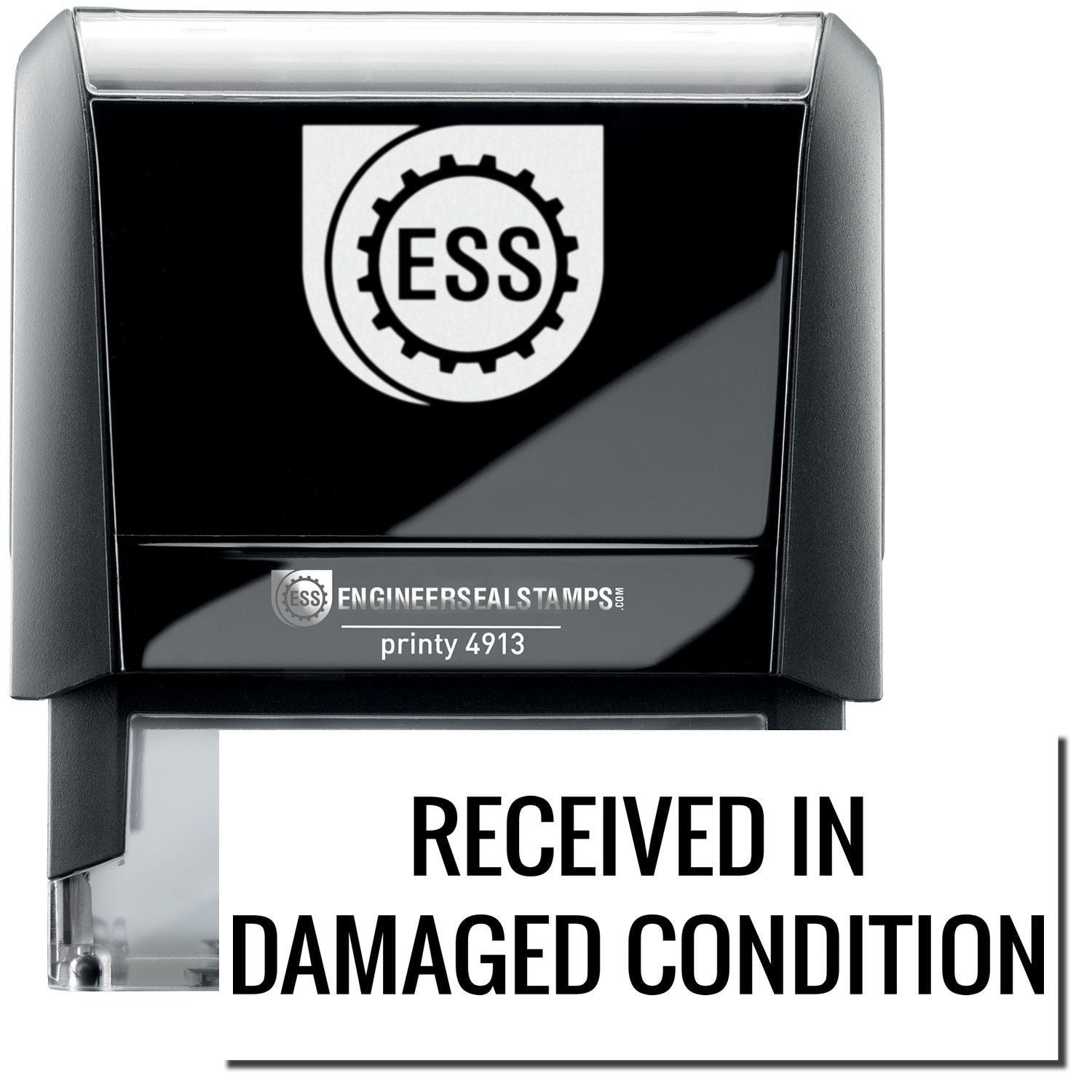 A self-inking stamp with a stamped image showing how the text RECEIVED IN DAMAGED CONDITION in a large font is displayed by it after stamping.