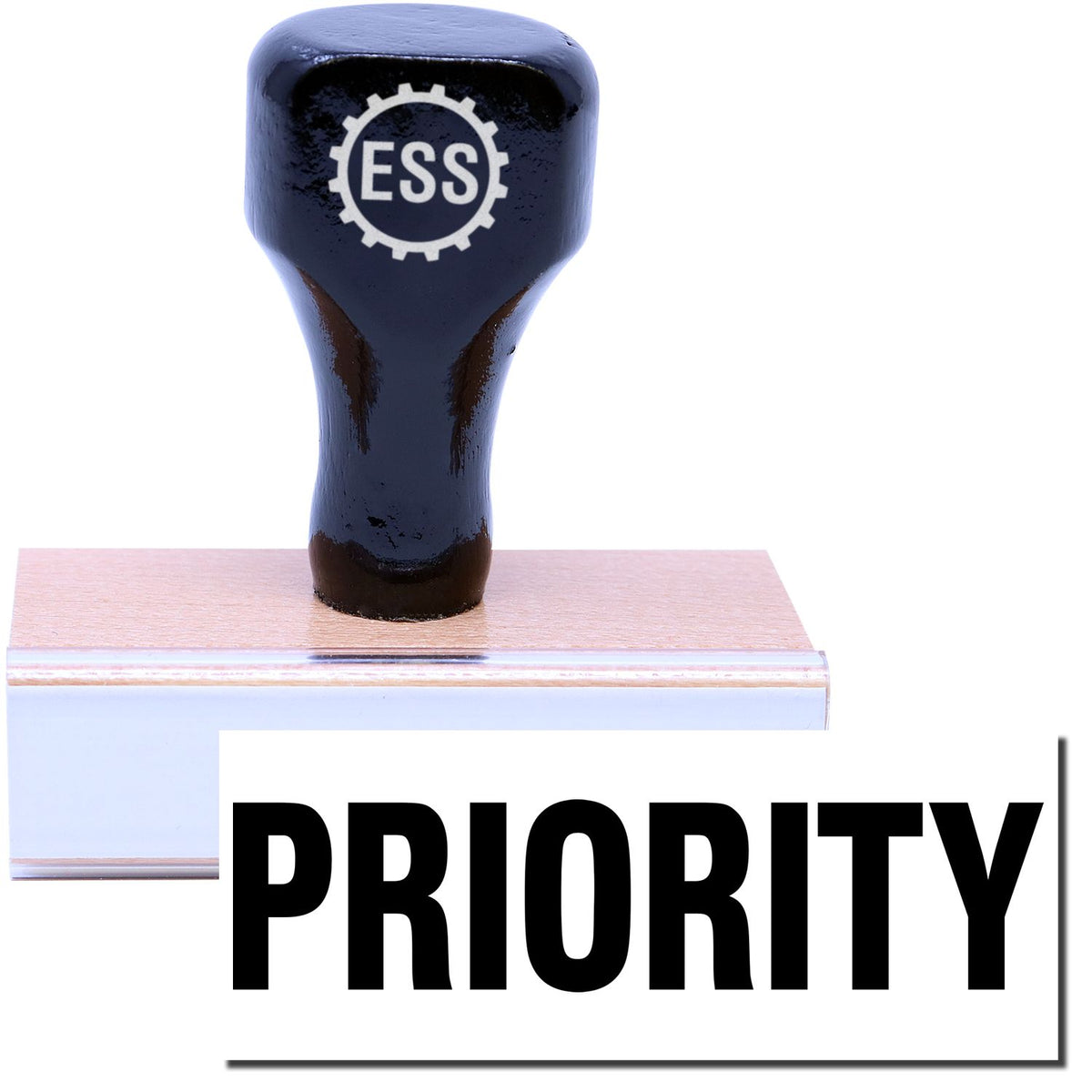A stock office rubber stamp with a stamped image showing how the text &quot;PRIORITY&quot; in a large bold font is displayed after stamping.
