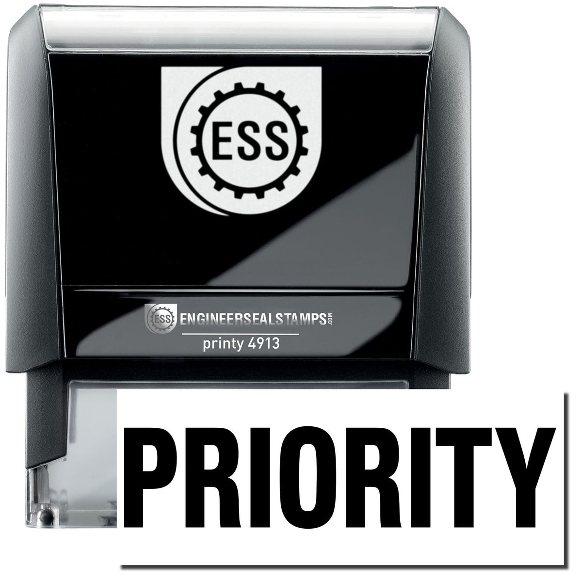 A self-inking stamp with a stamped image showing how the text &quot;PRIORITY&quot; in a large bold font is displayed by it after stamping.