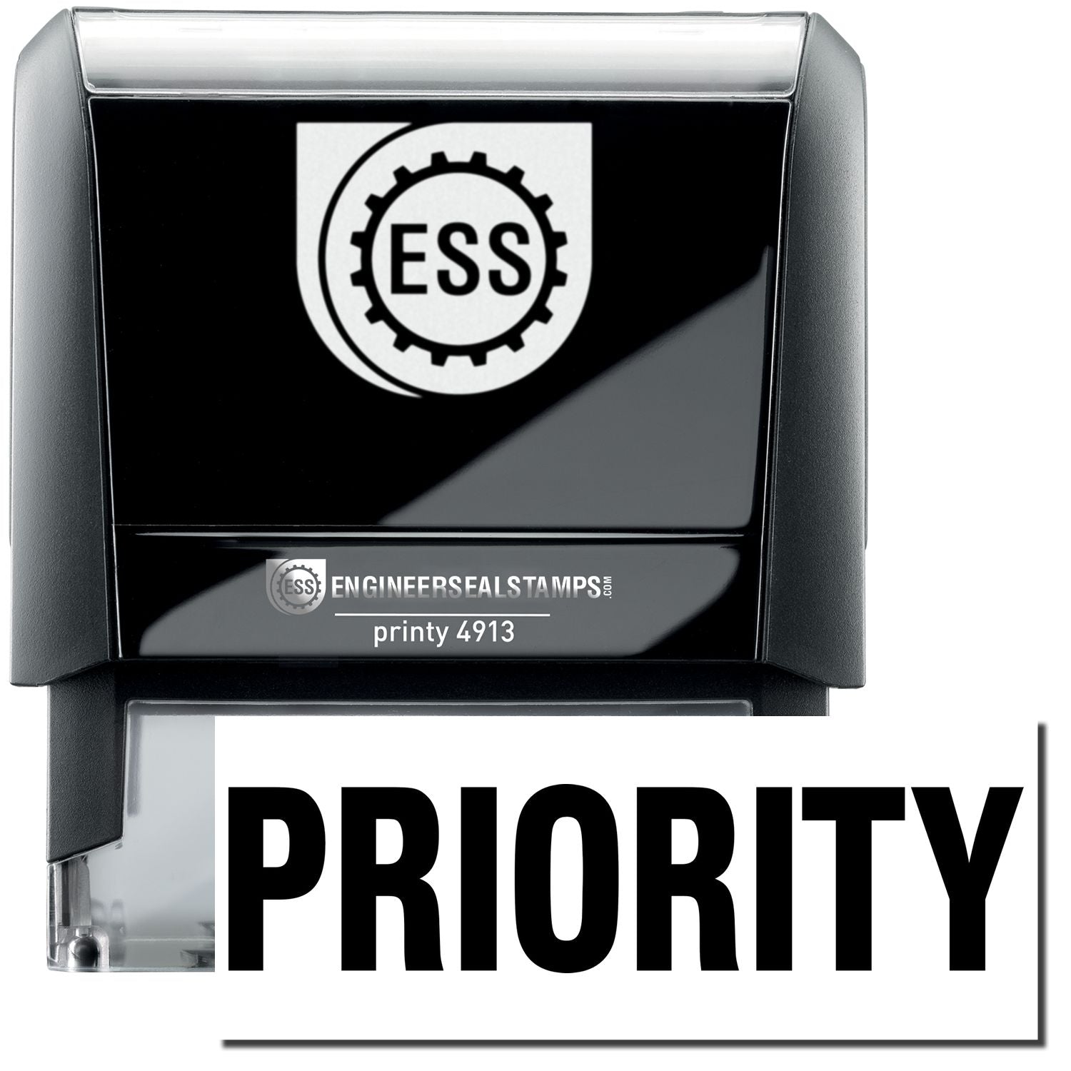 A self-inking stamp with a stamped image showing how the text "PRIORITY" in a large bold font is displayed by it after stamping.