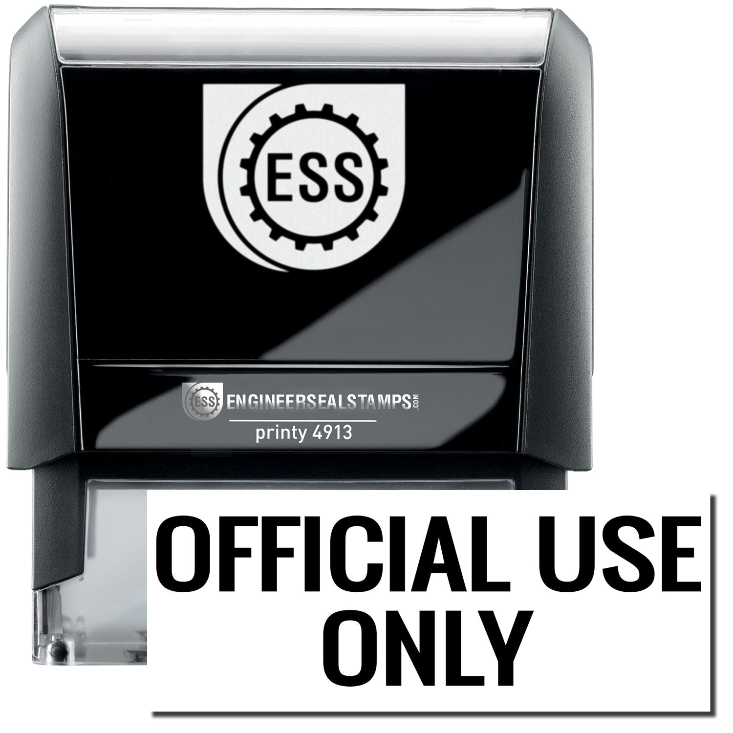 A self-inking stamp with a stamped image showing how the text OFFICIAL USE ONLY in a large font is displayed by it after stamping.