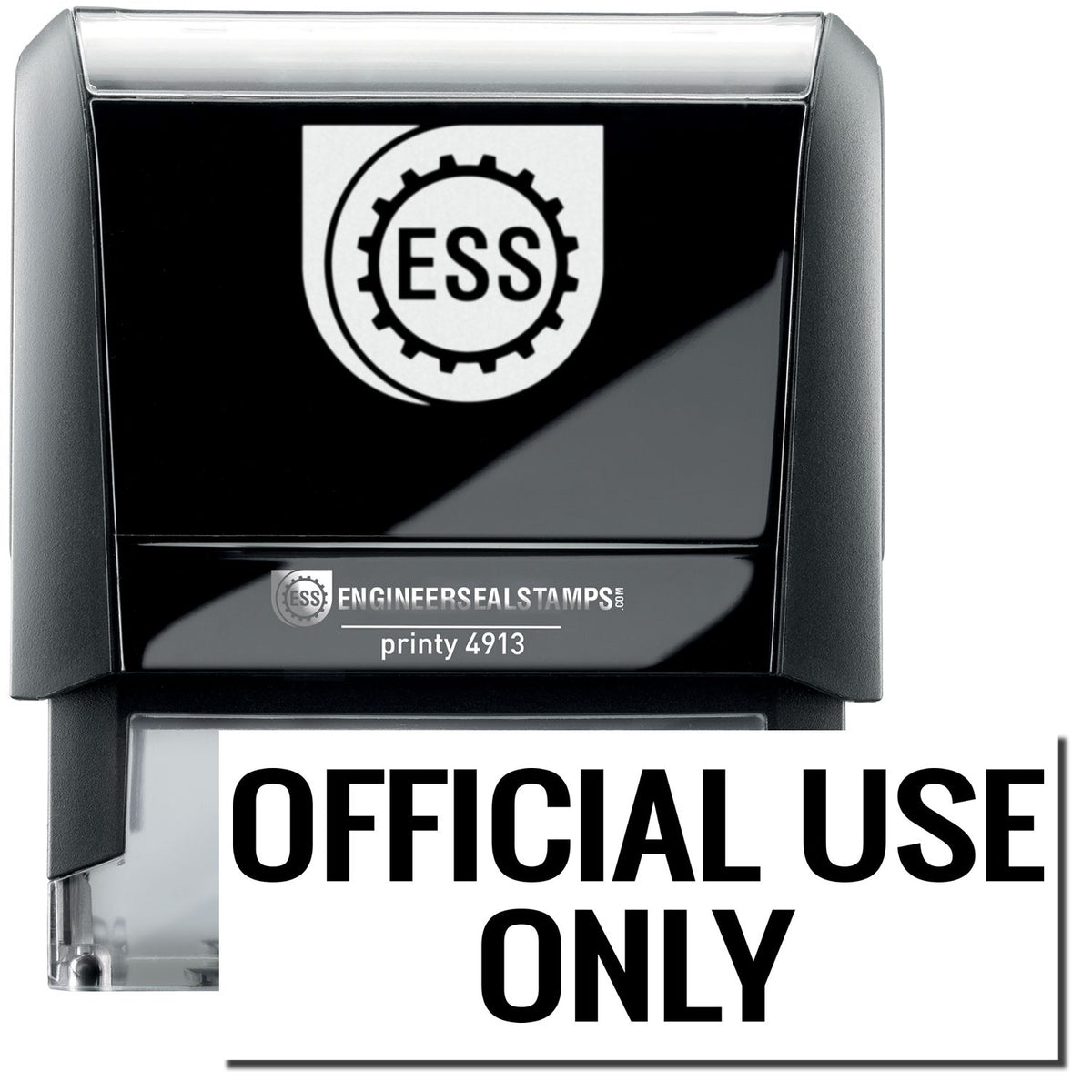 A self-inking stamp with a stamped image showing how the text &quot;OFFICIAL USE ONLY&quot; in a large font is displayed by it after stamping.