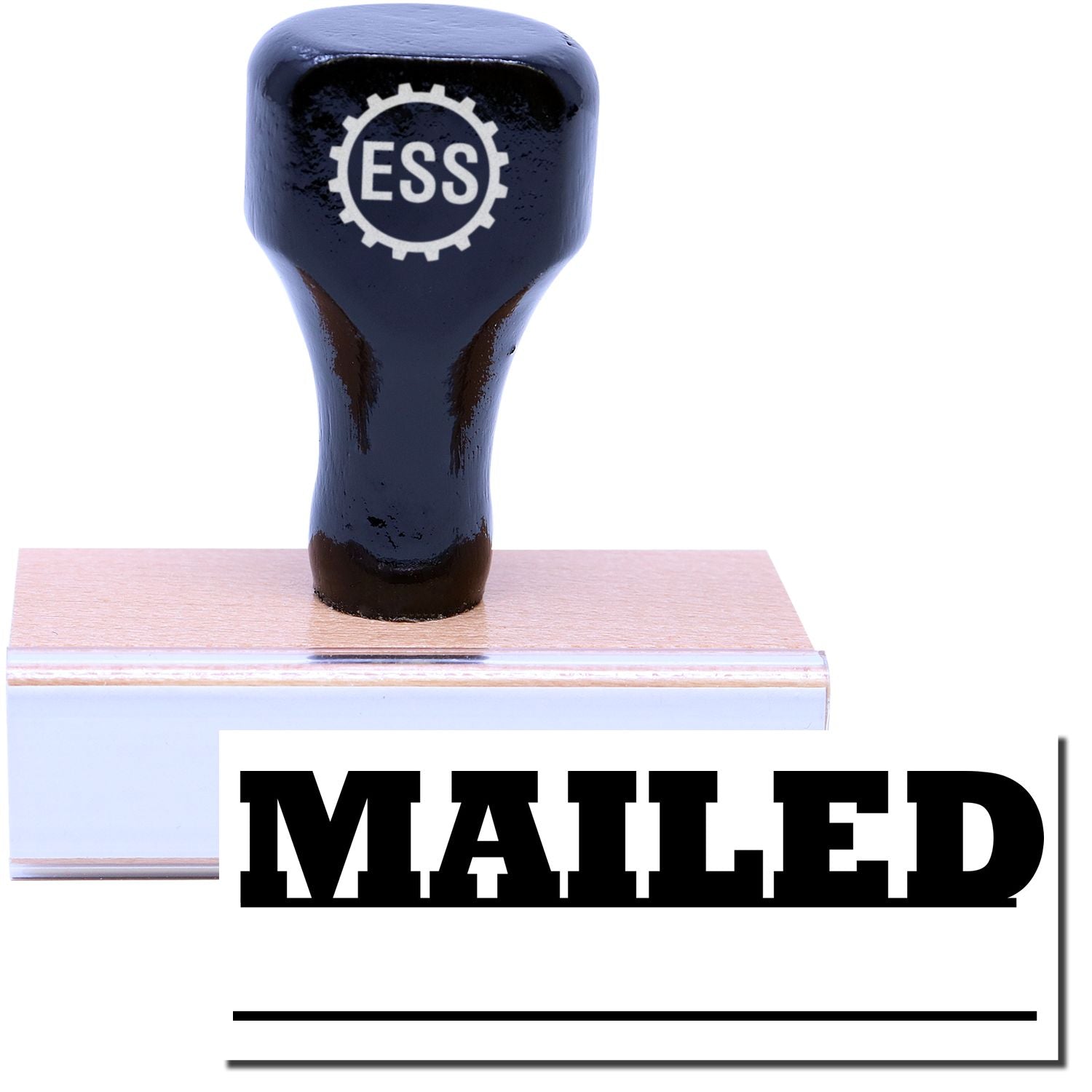 A stock office rubber stamp with a stamped image showing how the text "MAILED" in a large font with a date line underneath the text is displayed after stamping.