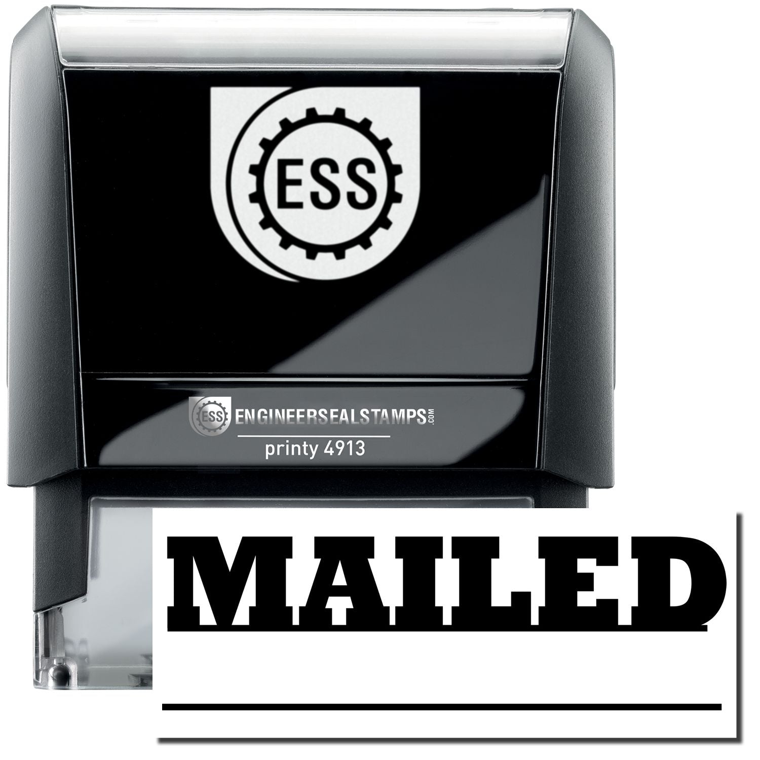 A self-inking stamp with a stamped image showing how the text MAILED in a large bold font with a date line is displayed by it after stamping.