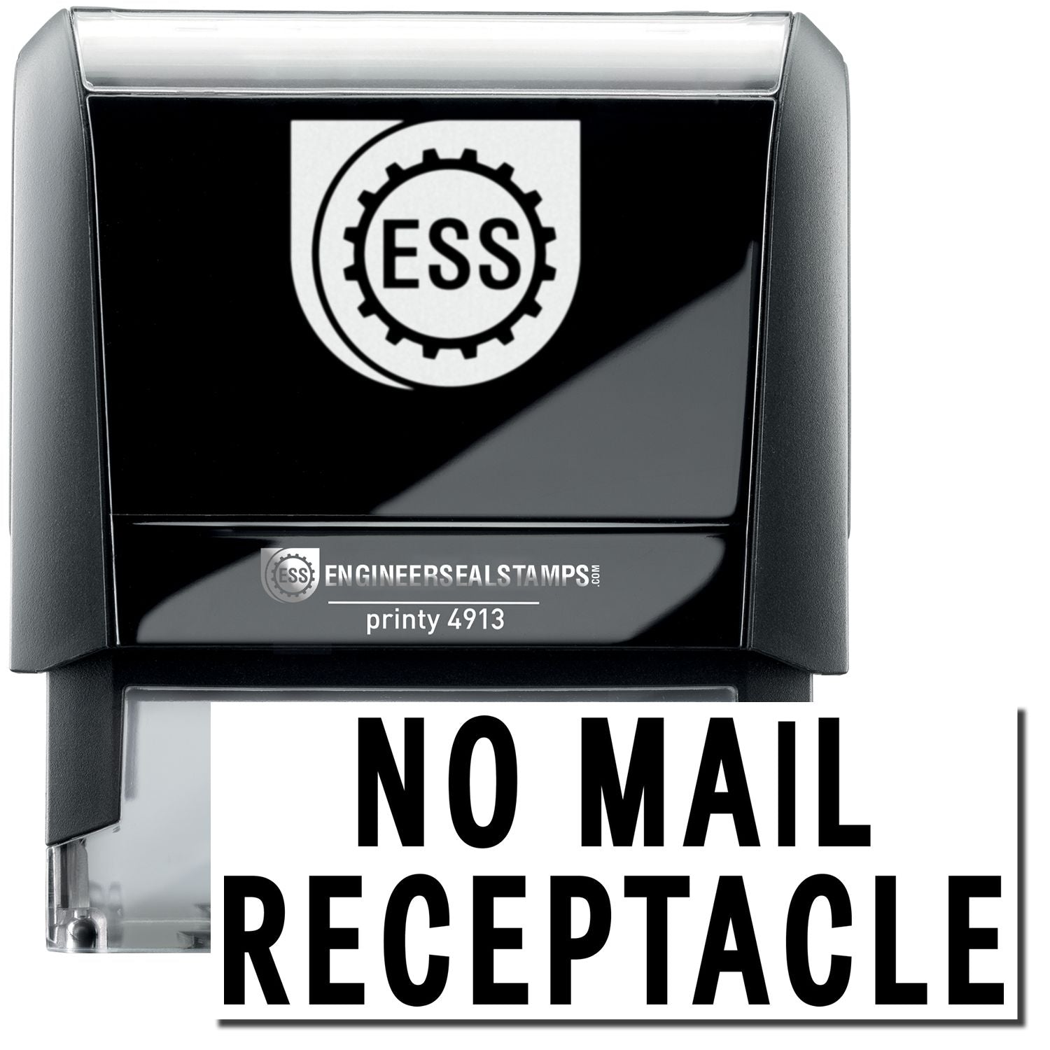 A self-inking stamp with a stamped image showing how the text NO MAIL RECEPTACLE in a large font is displayed by it after stamping.