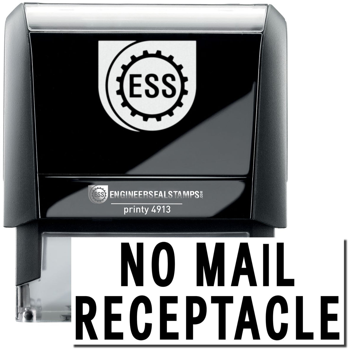 A self-inking stamp with a stamped image showing how the text &quot;NO MAIL RECEPTACLE&quot; in a large font is displayed by it after stamping.