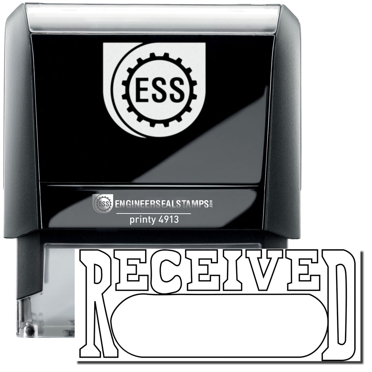 A self-inking stamp with a stamped image showing how the text &quot;RECEIVED&quot; in a large outline font with a date box under it is displayed after stamping.