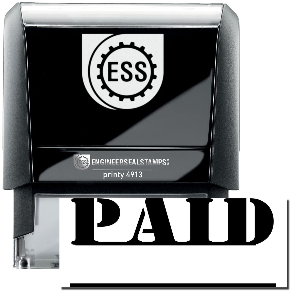 A self-inking stamp with a stamped image showing how the text &quot;PAID&quot; in a large bold font with a Date Line under it is displayed after stamping.