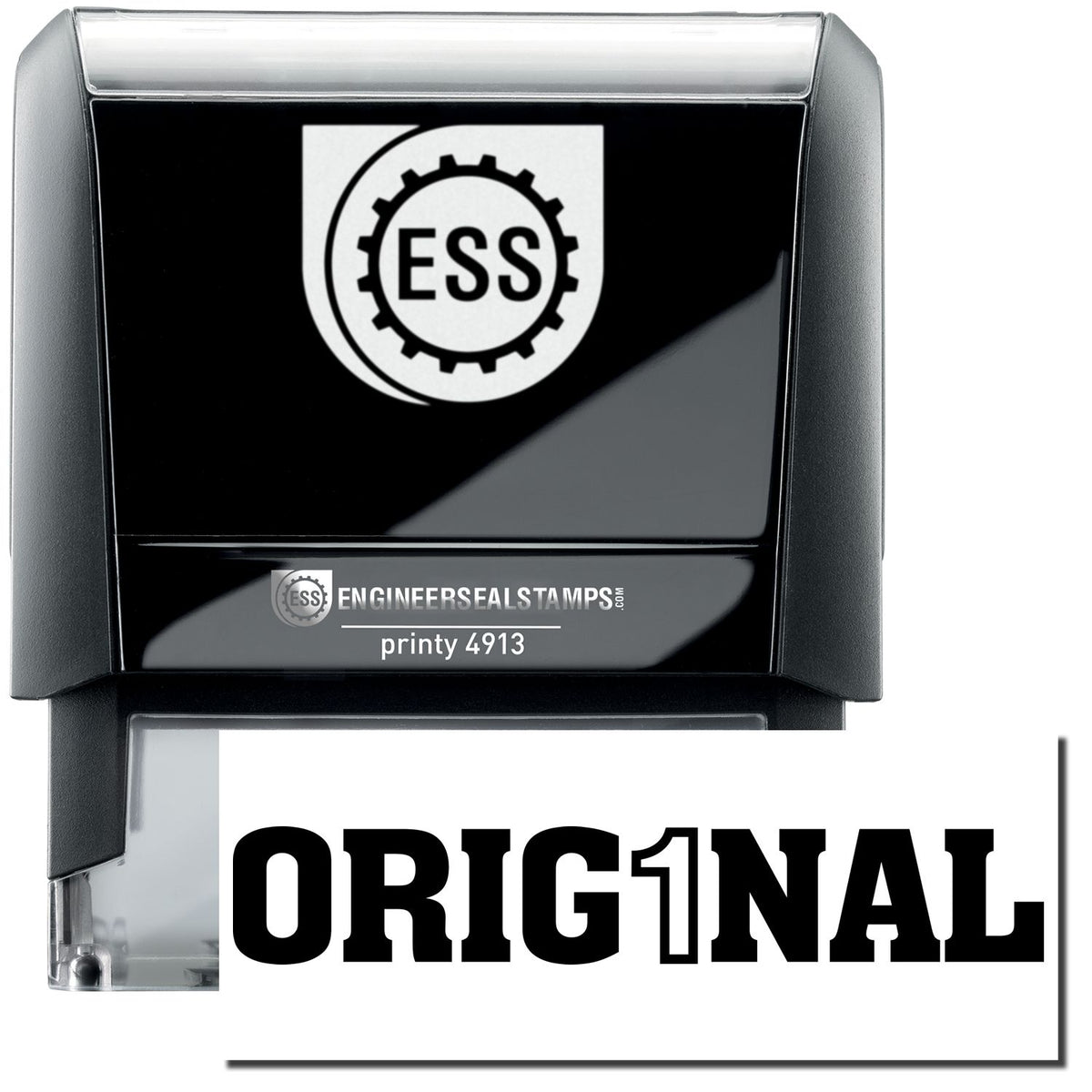 A self-inking stamp with a stamped image showing how the text &quot;ORIG1NAL&quot; in a large bold font is displayed by it after stamping.