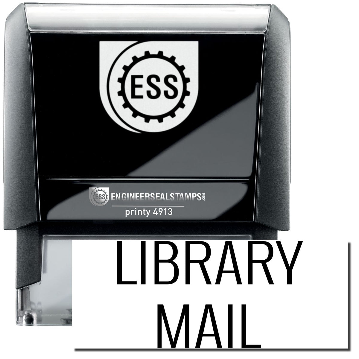 A self-inking stamp with a stamped image showing how the text &quot;LIBRARY MAIL&quot; in a large font is displayed by it after stamping.