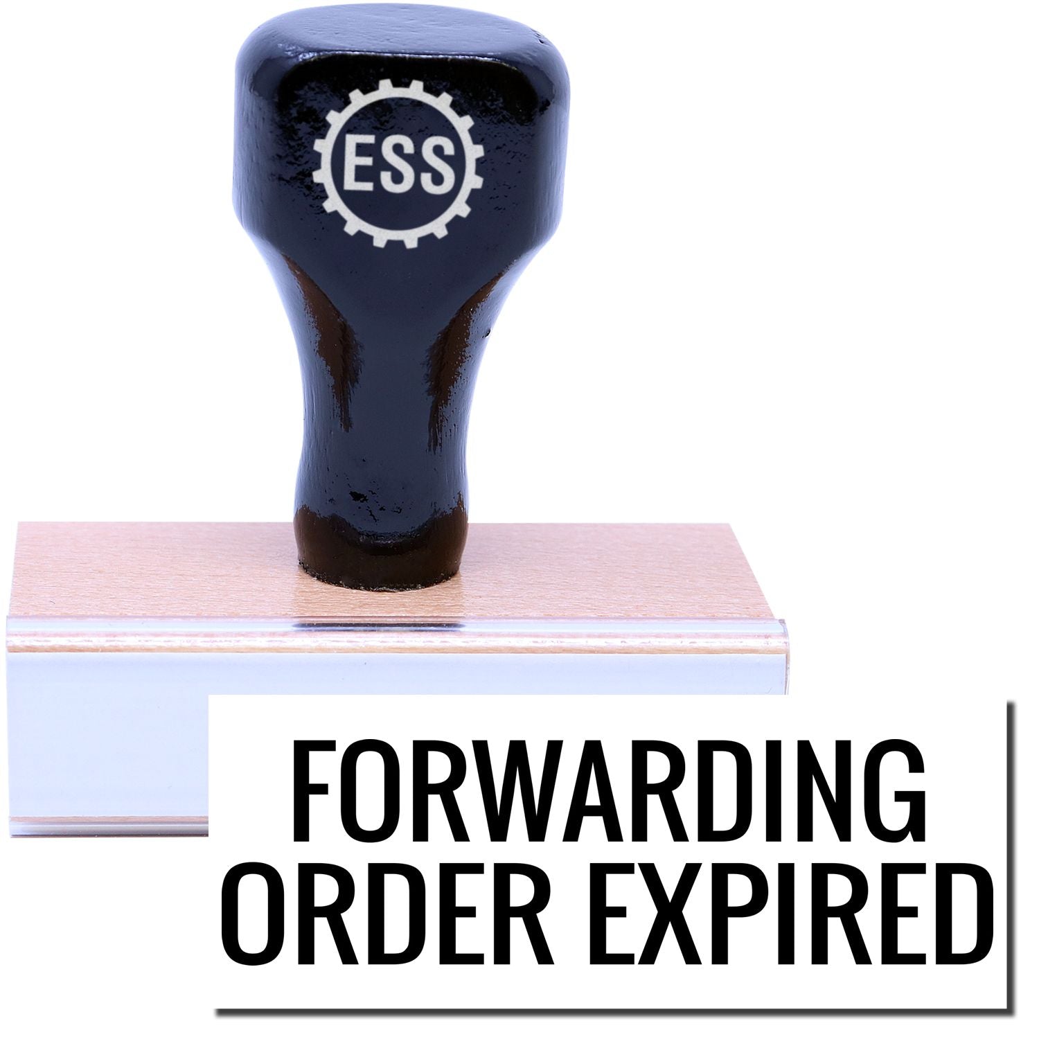 A stock office rubber stamp with a stamped image showing how the text "FORWARDING ORDER EXPIRED" in a large font is displayed after stamping.